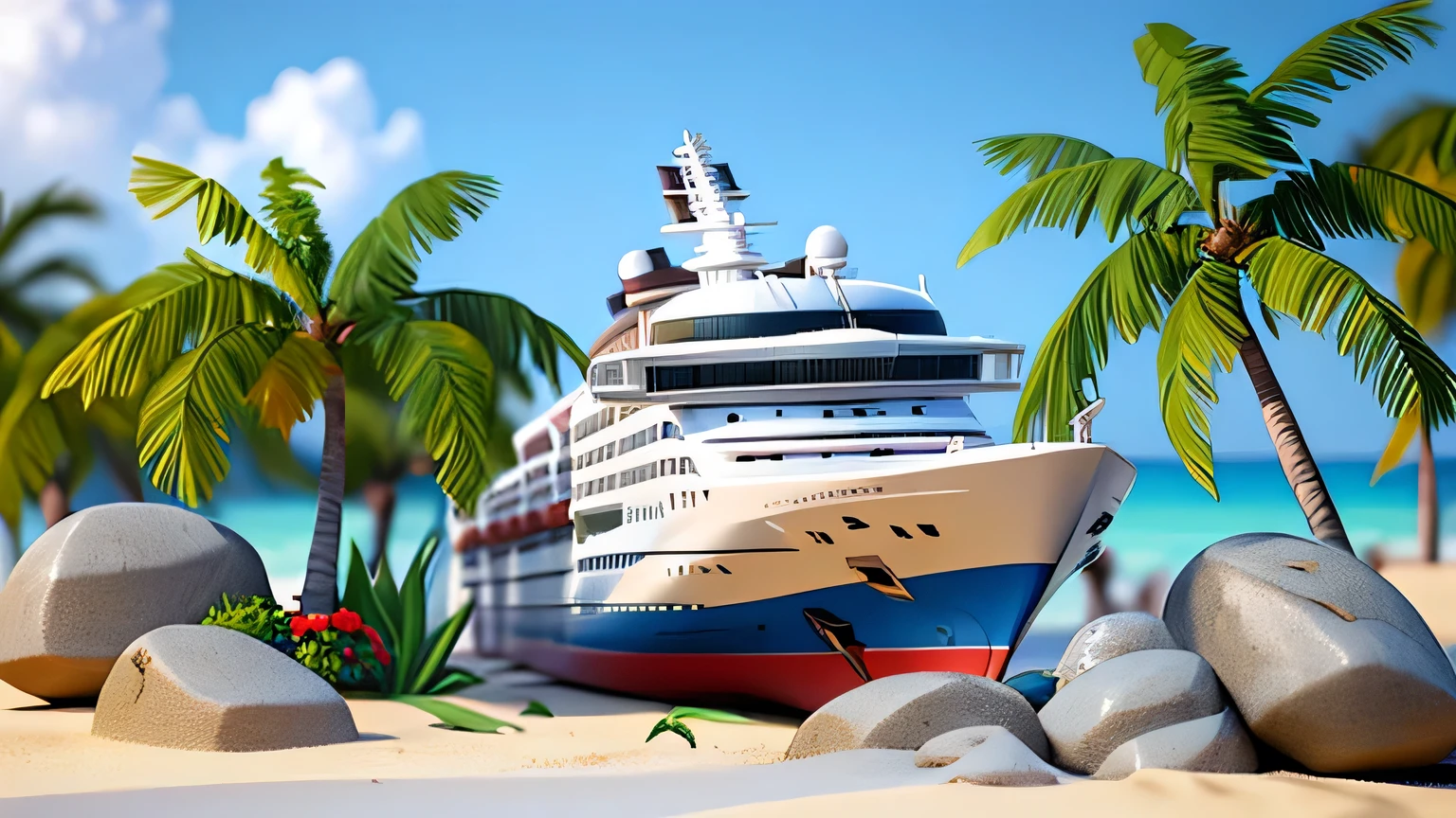 the white cruise ship a vibrant beach scene featuring a large dodger blue and white lifebuoy on the sand, surrounded by green palm trees and the sandy beach has scattered rocks and flowers 3d image cartoon