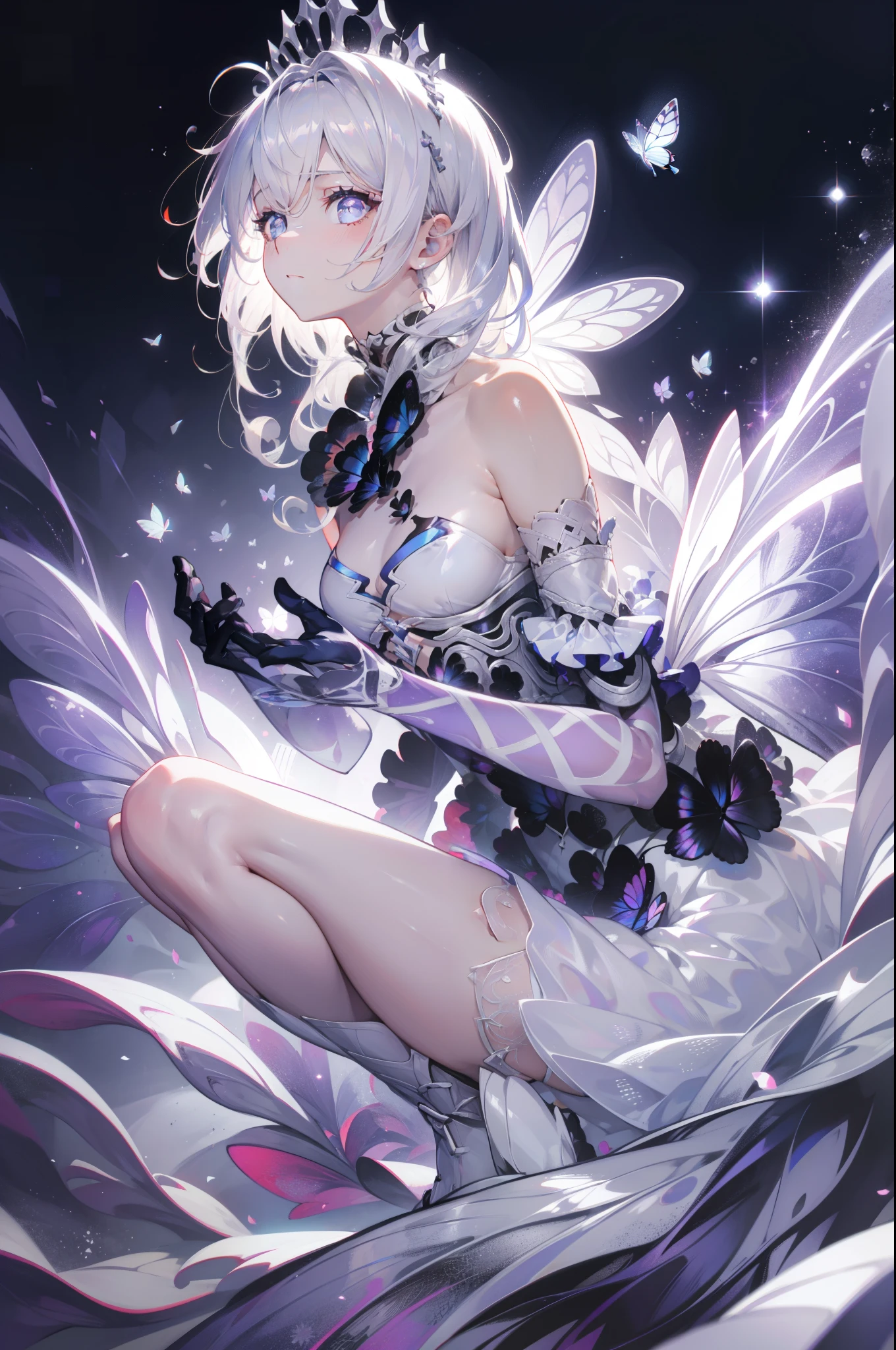 Silver Hair, Butterfly,White hair, white wedding dress, 8k wallpaper, detailed background , maximum resolution ,Deep V, hair covering one eye , strapless wedding dress ,Chis,White Rose,Tight, full body photo