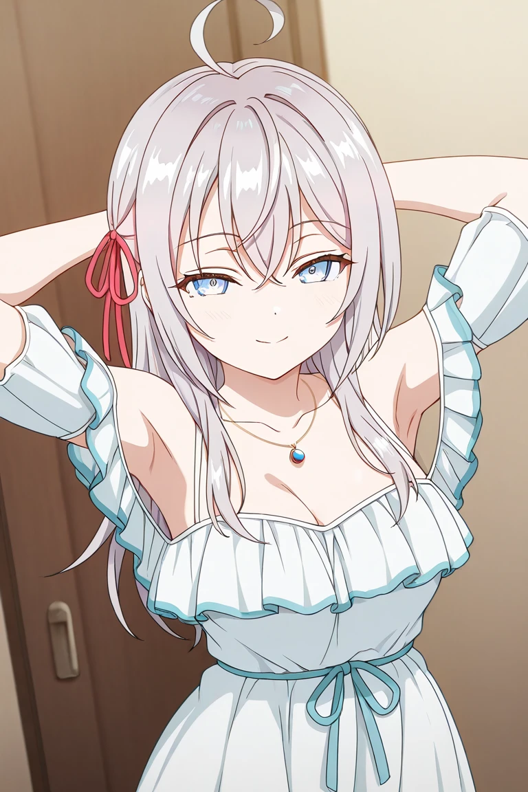 (Anime art style:0.1), 2D, masterpiece, Highest quality, so beautiful, Absurd, Dynamic Shadows, Atmospheric, Arisa_Mikhailovna, (One Girl), (Grey Hair), Long Hair, blue eyes, fine grain, Ahoge, Hair between the eyes, bangs, Mid-chest, Curved body, Compensate, Intense blush, Swimwear, Mary Jane, Sexy smile, (Upper Body), Expose、Emphasize the chest