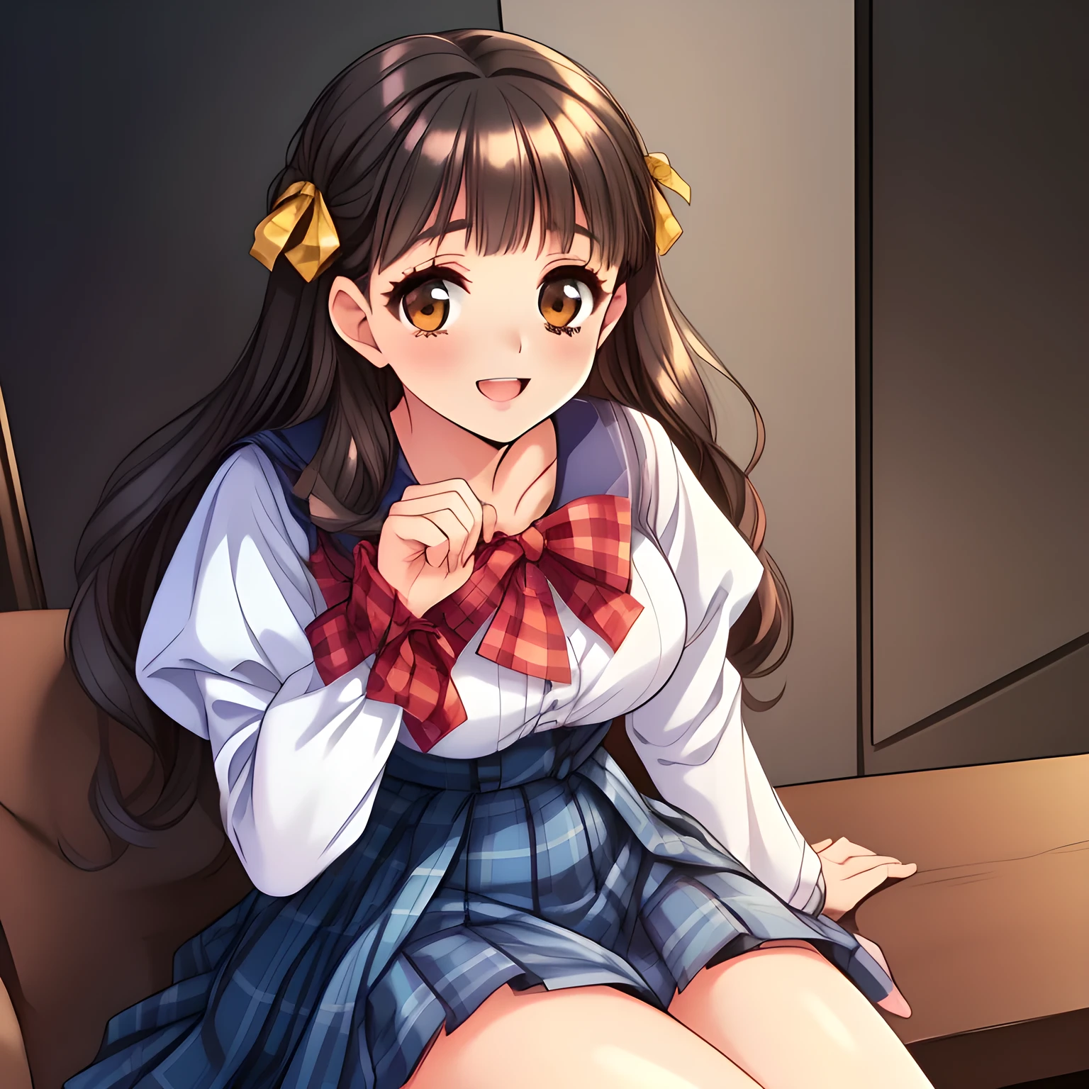(highest quality, masterpiece:1.2), highest quality, High resolution, 1080p, 8K, (A yo beautiful pretty fashion model is seated on a char and turning to me, most beloved girl in the school, (intelligent and perfect slender body), too flirting girly smile, amazingly neat & clean, in peace and neat lovely strong charm, (face up, looking down), tilted head: 1.8), (Too noble beautiful lady like a love-story comic heroine), (laugh in bliss), (Whispering the viewer's subliminal desire secretly to hypnotize the viewer), A very lovely, very noble, pretty and pure beautiful girls. ((Bursting out Laughing very elegantly)), ((white face)), Using expensive whitening cosmetics by cosmetics artist: 1.2), A white face that everyone loves, Glossy lips, (curled) bangs, (Too beautiful blue fascinating shiny (double-lidded) (brown eyes) with love to the viewer, ((deep upper girly eyelid)), with detailed clearly (like girlish comics beautiful lovely heroine): 1.5), ((amazingly beautiful (wavy) long black hair: 1.5)), (Sailor-style school uniform, Neat smart (yellow blouse)): 1.5), (A long, very neat, (tartan-checkered pleated blue skirt with thin fabric belt): 1.2), (too pretty shiny light-yellow realistic school ribbon): 1.5), (Shiny game heroine lips, extremely laughing open mouth: 1.0), (Ribbon in (black hair), The ribbon is big and very pretty), (Tight waist, slender like a beautiful fashion model: 1.5), (The background is (plain black space with lovely heart stars) to emphasize her fascination: 1.8), (The lady knows well about the viewer's super fetishism for school uniforms, and satisfies it completely: 1.7), (beautiful neat girly noble atmosphere to induce the viewer's subliminal hidden sexual desire: 1.8), (take a full body (side) shot)