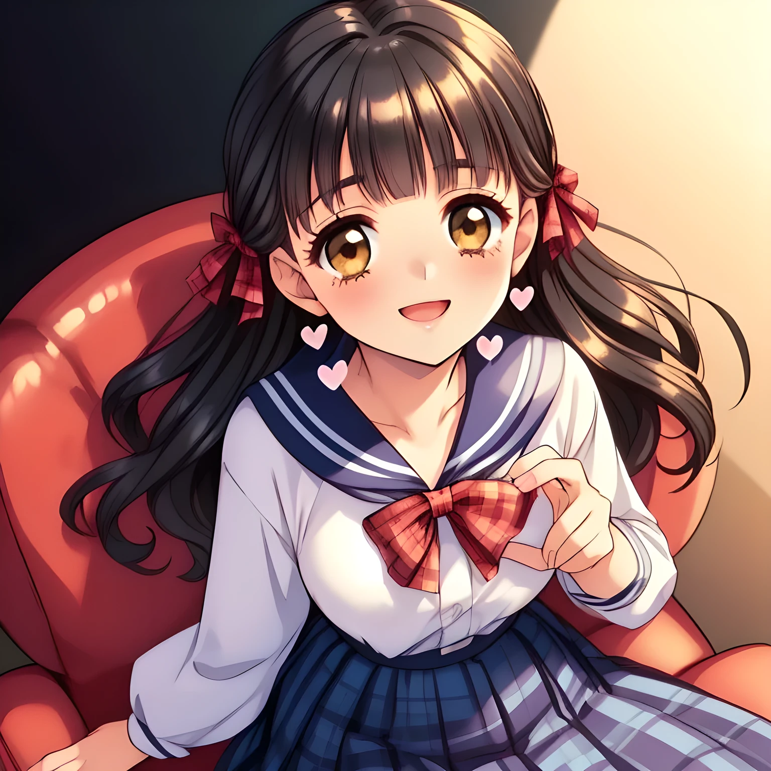 (highest quality, masterpiece:1.2), highest quality, High resolution, 1080p, 8K, (A yo beautiful pretty fashion model is seated on a char and turning to me, most beloved girl in the school, (intelligent and perfectly balanced slender style), too flirting girly smile, amazingly neat & clean, in peace and neat lovely strong charm, (face up, looking down), tilted head: 1.8), (Too noble beautiful lady like a love-story comic heroine), (laugh in bliss), (Whispering the viewer's subliminal desire secretly to hypnotize the viewer), A very lovely, very noble, pretty and pure beautiful girls. ((Bursting out Laughing very elegantly)), ((white face)), Using expensive whitening cosmetics by cosmetics artist: 1.2), A white face that everyone loves, Glossy lips, (curled) bangs, (Too beautiful blue fascinating shiny (double-lidded) (brown eyes) with love to the viewer, ((deep upper girly eyelid)), with detailed clearly (like girlish comics beautiful lovely heroine): 1.5), ((amazingly beautiful (wavy) long black hair: 1.5)), (Sailor-style school uniform, Neat smart (yellow blouse)): 1.5), (A long, very neat, (tartan-checkered pleated blue skirt with thin fabric belt): 1.2), (too pretty shiny light-yellow realistic school ribbon): 1.5), (Shiny game heroine lips, extremely laughing open mouth: 1.0), (Ribbon in (black hair), The ribbon is big and very pretty), (Tight waist, slender like a beautiful fashion model: 1.5), (The background is (plain black space with lovely heart stars) to emphasize her fascination: 1.8), (The lady knows well about the viewer's super fetishism for school uniforms, and satisfies it completely: 1.7), (beautiful neat girly noble atmosphere to induce the viewer's subliminal hidden sexual desire: 1.8), (take a full body (side) shot)