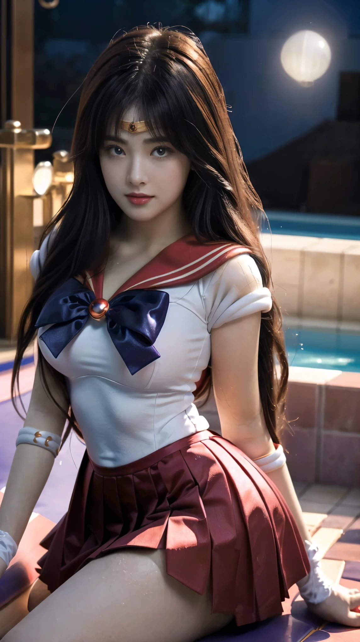 masterpiece, Highest quality, high resolution, (realistic), RAW photo, Octane rendering, Chubby face:1.1, sexy, Highest quality, Very detailed, Very accurate, Chubby face: 1.2, ((Wearing a Sailor Mars costume)), close-up of a girl, in a sailor costume posing by the pool, anime girl cosplay, anime cosplay, cosplay, cosplay photo, realistic cosplay, anime girl in real life, full-cosplay, Sailor Moon. beautiful, baby face, light make-up, natural make-up, big breasts, tall and big posture, thin lips, pink lips, pleated skirt, super short mini skirt, realistic anime photo, professional cosplay, sailor uniform, Sailor Moon style, ((black hair, long hair, red choker, tiara)), (((poolside background))), Sailor Mars, Sailor Mars cosplay.