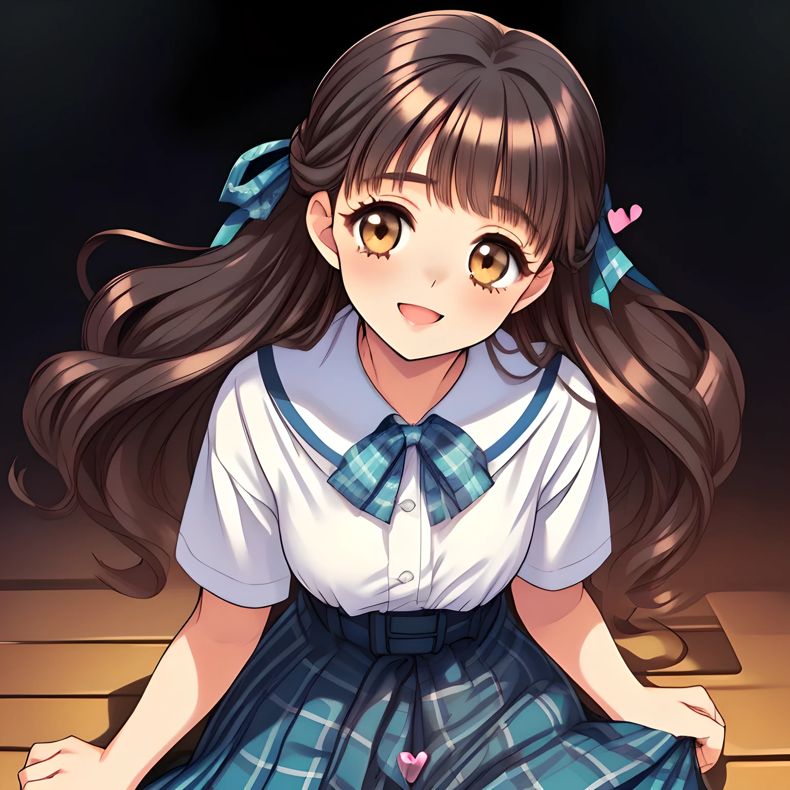 (highest quality, masterpiece:1.2), highest quality, High resolution, 1080p, 8K, (A 16yo beautiful pretty fashion model is seated on a char nobly and turning to me, most beloved girl in the school, (intelligent and perfectly balanced slender style), too flirting girly smile, amazingly neat & clean, in peace and neat lovely strong charm, (face up, looking down), tilted head: 1.8), (Too noble beautiful lady like a love-story comic heroine), (laugh in bliss), (Whispering the viewer's subliminal desire secretly to hypnotize the viewer), A very lovely, very noble, pretty and pure beautiful girls. ((Bursting out Laughing very elegantly)), ((white face)), Using expensive whitening cosmetics by cosmetics artist: 1.2), A white face that everyone loves, Glossy lips, (curled) bangs, (Too beautiful blue fascinating shiny (double-lidded) (brown eyes) with love to the viewer, ((deep upper girly eyelid)), with detailed clearly (like girlish comics beautiful lovely heroine): 1.5), ((amazingly beautiful (wavy) long black hair: 1.5)), (Sailor-style school uniform, Neat smart (yellow blouse)): 1.5), (A long, very neat, (tartan-checkered pleated blue skirt with thin fabric belt): 1.2), (too pretty shiny light-yellow realistic school ribbon): 1.5), (Shiny game heroine lips, extremely laughing open mouth: 1.0), (Ribbon in (black hair), The ribbon is big and very pretty), (Tight waist, slender like a beautiful fashion model: 1.5), (The background is (plain black space with lovely heart stars) to emphasize her fascination: 1.8), (The lady knows well about the viewer's super fetishism for school uniforms, and satisfies it completely: 1.7), (beautiful neat girly noble atmosphere to induce the viewer's subliminal hidden sexual desire: 1.8), (take a full body (side) shot)
