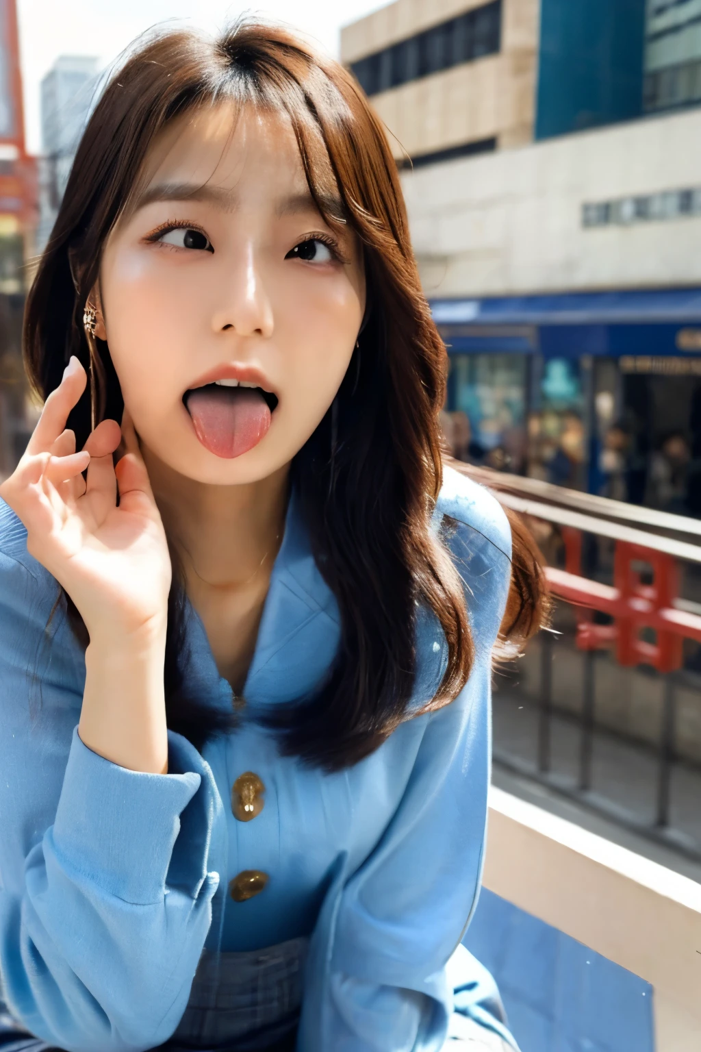 one woman, Korean idol, (She opens her mouth wide:1.6), she looks up at the sky, (POV:1.2), composition looking down on her, Composition of the camera shooting from above, On the bustling street , Close-up of face , masterpiece, highres, high-resolution, 8k,8k portrait , realistic, RAW photo, real person, portrait photography, photo realistic, detailed skin, (best quality, Ultra detailed: 1.2),