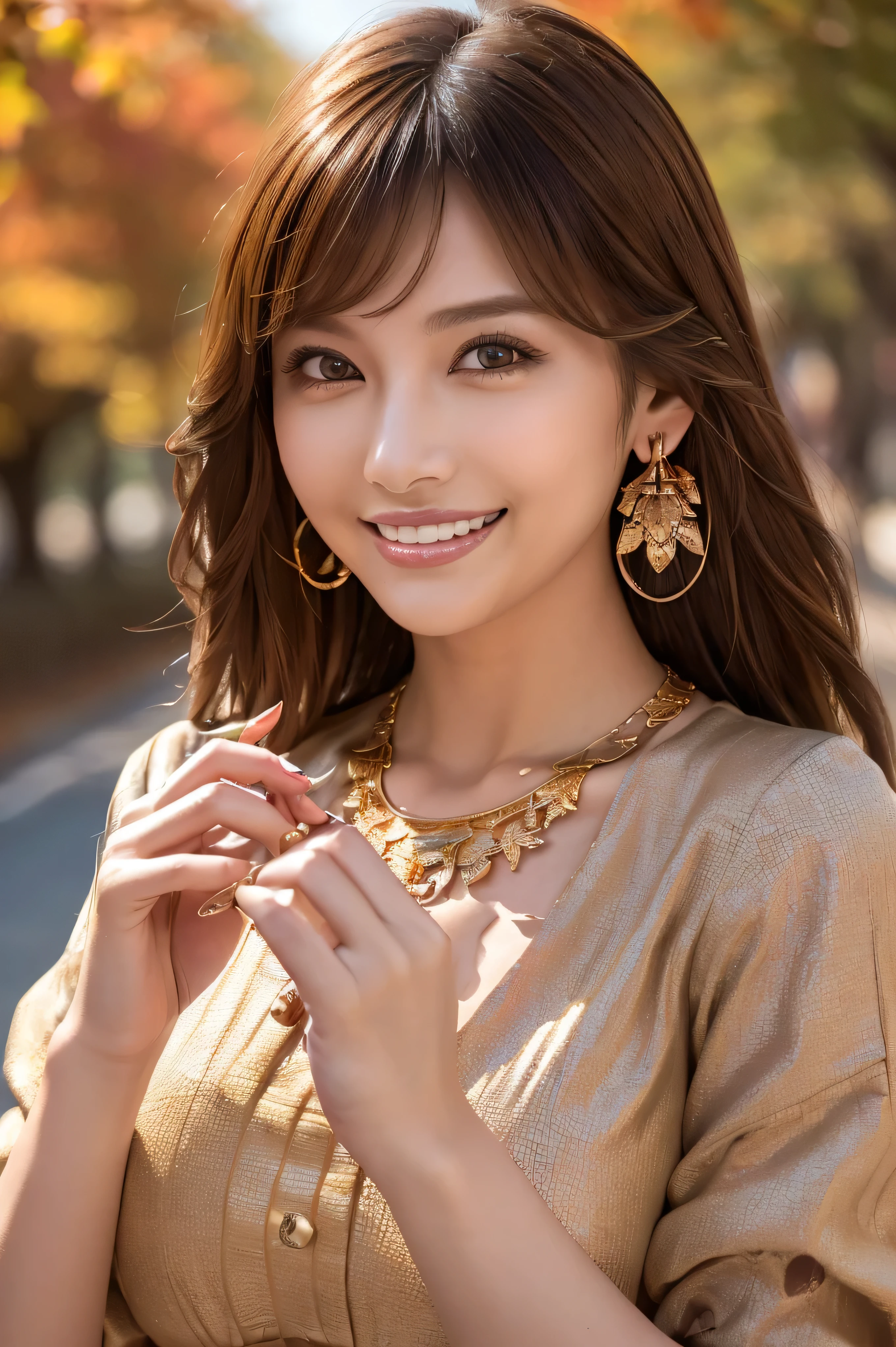 Cinematic photography,(Ultra by Nomi, Hi-Res), ( Extremely Exquisite Eyes , with hair depicted in detail , highly detailed face, Highly Detailed Plump Lips , perfect anatomy),( top quality:1.4), ( by Nomi, photo- by Nomi:1.37), professional photo shoot, cinematic light , ( detailed face: 1.2), waistline ,smile, high-definition skin in summer, Very thin fingers , Highly Detailed Nose, very detailed mouths、((autumn,A road where full of fallen leaves look golden:1.3))((wearing intricately patterned shirt mini dress))((run her fingers through her hair:1.5))))((gold necklace_Large earrings:1.2)),((shy smile:1.5))