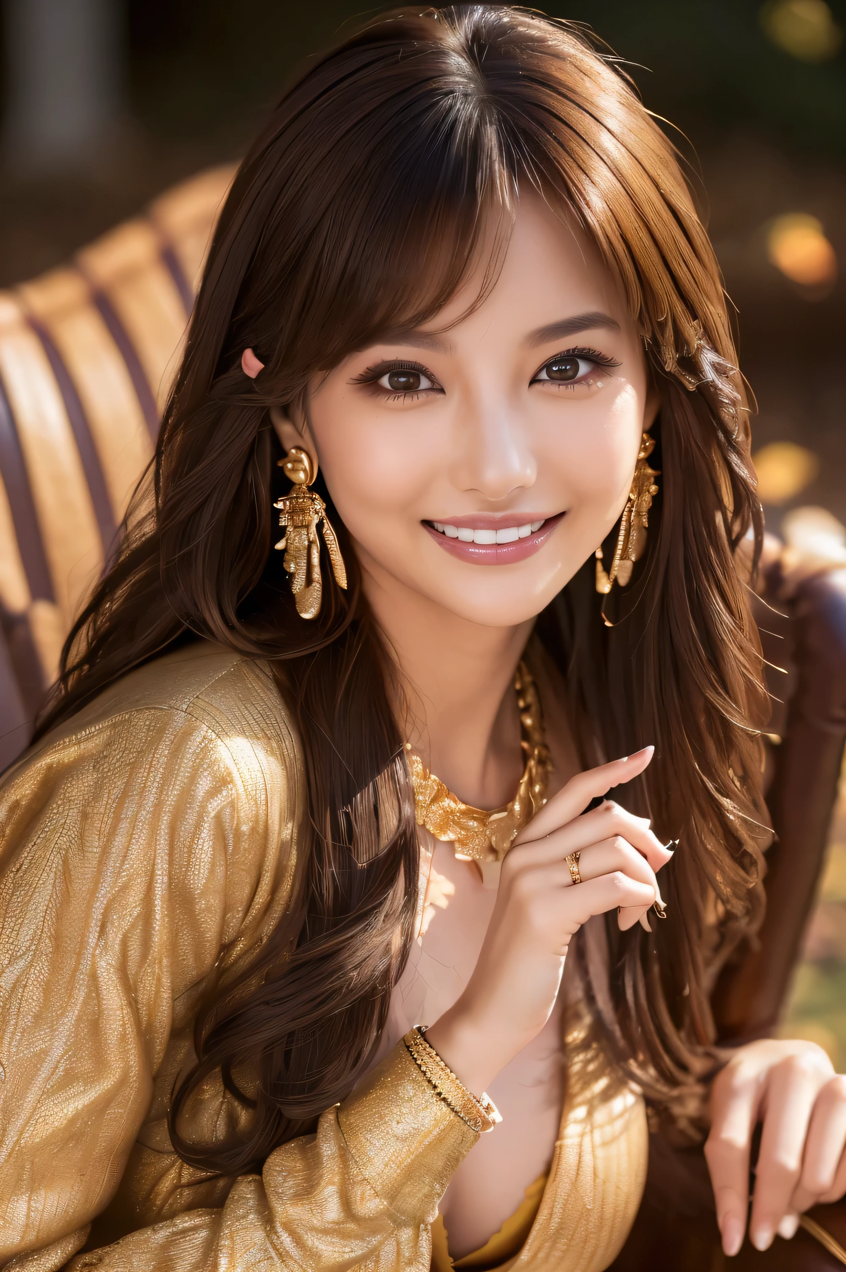 Cinematic photography,(Ultra by Nomi, Hi-Res), ( Extremely Exquisite Eyes , with hair depicted in detail , highly detailed face, Highly Detailed Plump Lips , perfect anatomy),( top quality:1.4), ( by Nomi, photo- by Nomi:1.37), professional photo shoot, cinematic light , ( detailed face: 1.2), waistline ,smile, high-definition skin in summer, Very thin fingers , Highly Detailed Nose, very detailed mouths、((autumn,A road where full of fallen leaves look golden:1.3))((wearing intricately patterned shirt mini dress))((run her fingers through her hair:1.5))))((gold necklace_Large earrings:1.2)),((shy smile:1.5))((sitting on a chair:1.5))