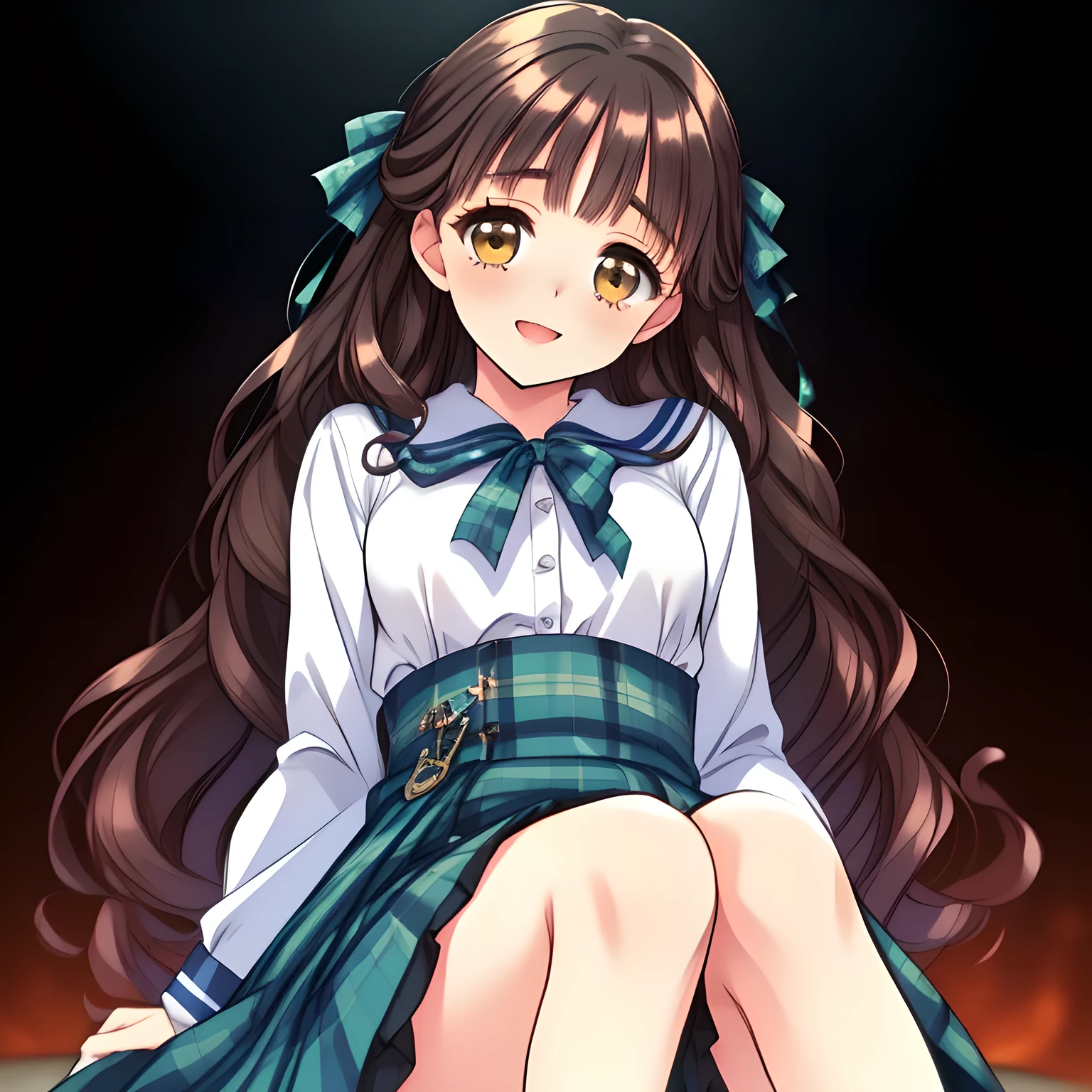 (highest quality, masterpiece:1.2), highest quality, High resolution, 1080p, 8K, (A yo beautiful pretty fashion model is seated on a char nobly and turning to me, most beloved girl in the school, (intelligent and perfectly balanced slender style), too flirting girly smile, amazingly neat & clean, in peace and neat lovely strong charm, (face up, looking down), tilted head: 1.8), (Too noble beautiful lady like a love-story comic heroine), (laugh in bliss), (Whispering the viewer's subliminal desire secretly to hypnotize the viewer), A very lovely, very noble, pretty and pure beautiful girls. ((Bursting out Laughing very elegantly)), ((white face)), Using expensive whitening cosmetics by cosmetics artist: 1.2), A white face that everyone loves, Glossy lips, (curled) bangs, (Too beautiful blue fascinating shiny (double-lidded) (brown eyes) with love to the viewer, ((deep upper girly eyelid)), with detailed clearly (like girlish comics beautiful lovely heroine): 1.5), ((amazingly beautiful (wavy) long black hair: 1.5)), (Sailor-style school uniform, Neat smart (yellow blouse)): 1.5), (A long, very neat, (tartan-checkered pleated blue skirt with thin fabric belt): 1.2), (too pretty shiny light-yellow realistic school ribbon): 1.5), (Shiny game heroine lips, extremely laughing open mouth: 1.0), (Ribbon in (black hair), The ribbon is big and very pretty), (Tight waist, slender like a beautiful fashion model: 1.5), (The background is (plain black space with lovely heart stars) to emphasize her fascination: 1.8), (The lady knows well about the viewer's super fetishism for school uniforms, and satisfies it completely: 1.7), (beautiful neat girly noble atmosphere to induce the viewer's subliminal hidden sexual desire: 1.8), (take a full body (side) shot)