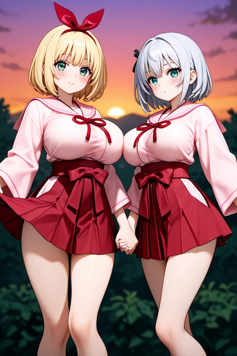 (cute eyes:1.2), (sparkling eyes:1.2), (8K、Best image quality、highest quality、masterpiece)、Detailed face、(2 girls)、Improve、(white hair, pink eyes, short hair, straight hair, nekomimi), (bent over:1.1), (open mouth), (embarrassed), (skinny body:1.3),(huge breasts:1.2), (huge nipples:1.3), (cleavage out), (crop top navel), Classroom Background, (black stockings:1.1), (Thighs:1.2), (Waistline:1.2)