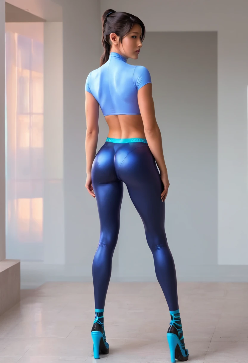 A woman wearing tight pants is standing in a room, thick, tight fit , thick thigs, Tight Outfit , thick, Tight clothing, big booties , she has a puffy round stomach , Tight back view , vibrant colors, Asian woman wearing stockings , thick tail, Skinny ,