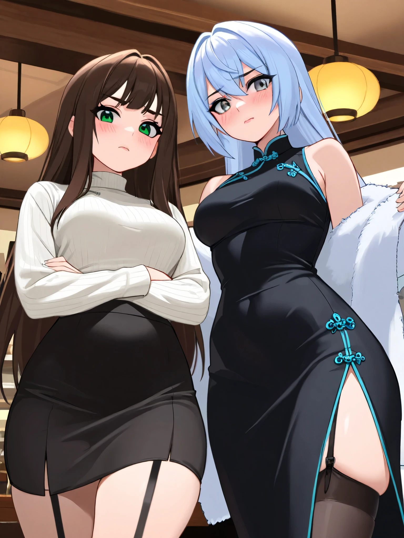 2 beautiful women, anime, a younger one with long straight brunette hair, big green eyes, sassy, wearing a tight white sweater with a short black skirt, garter straps, and an older one, taller, confident, with, shoulder length styled light blue hair, light gray eyes, medium breasts, sexy, dignified, blue Chinese dress, skindentations, makeup, light blush, embarrassed, best quality, very detailed, 8k, 16k, uhd, wide angle, Pixar, cafe background