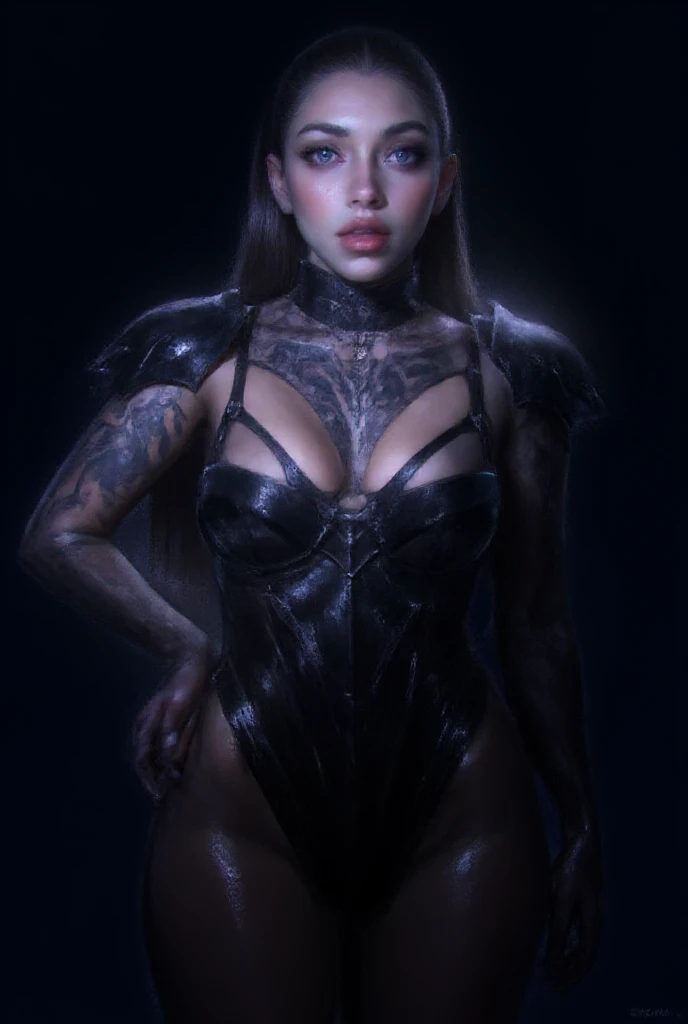 Hr giger tattooed sexy seductive dead girl,perfect face, hyper realistic detailed neon pussy, full body view, perfect nipples,