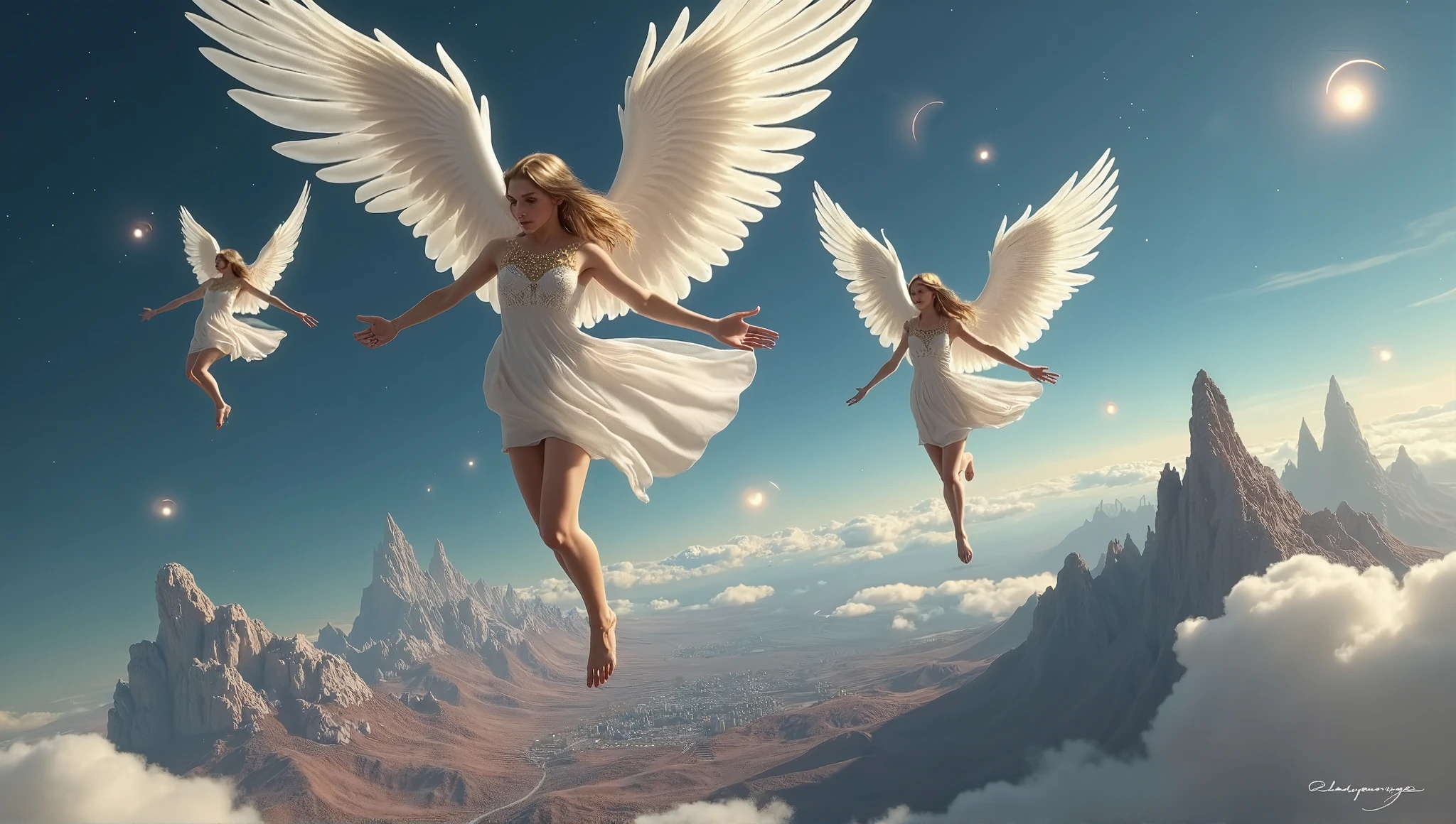 create an angel flying with its wings open