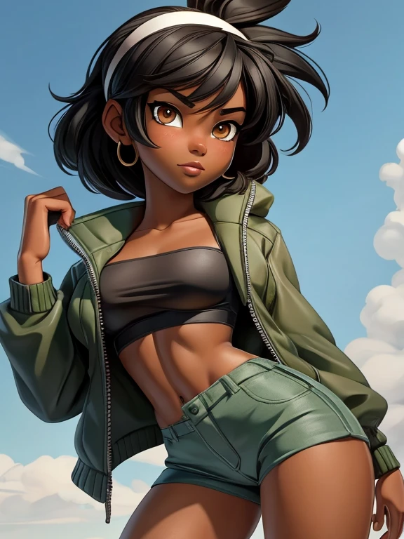 (masterpiece, best quality), deep ebony 1girl, beautiful face, short Afro braids , cute, street clothing, beautify, Lofi vibe,, cute night vibe, concentrated, hands outside of the picture, exploring the nature, forest, , dressed like ash ketchum , not sexy, cute look, clothing is dry and baggy, small breasts, teen vibe, jogging,
