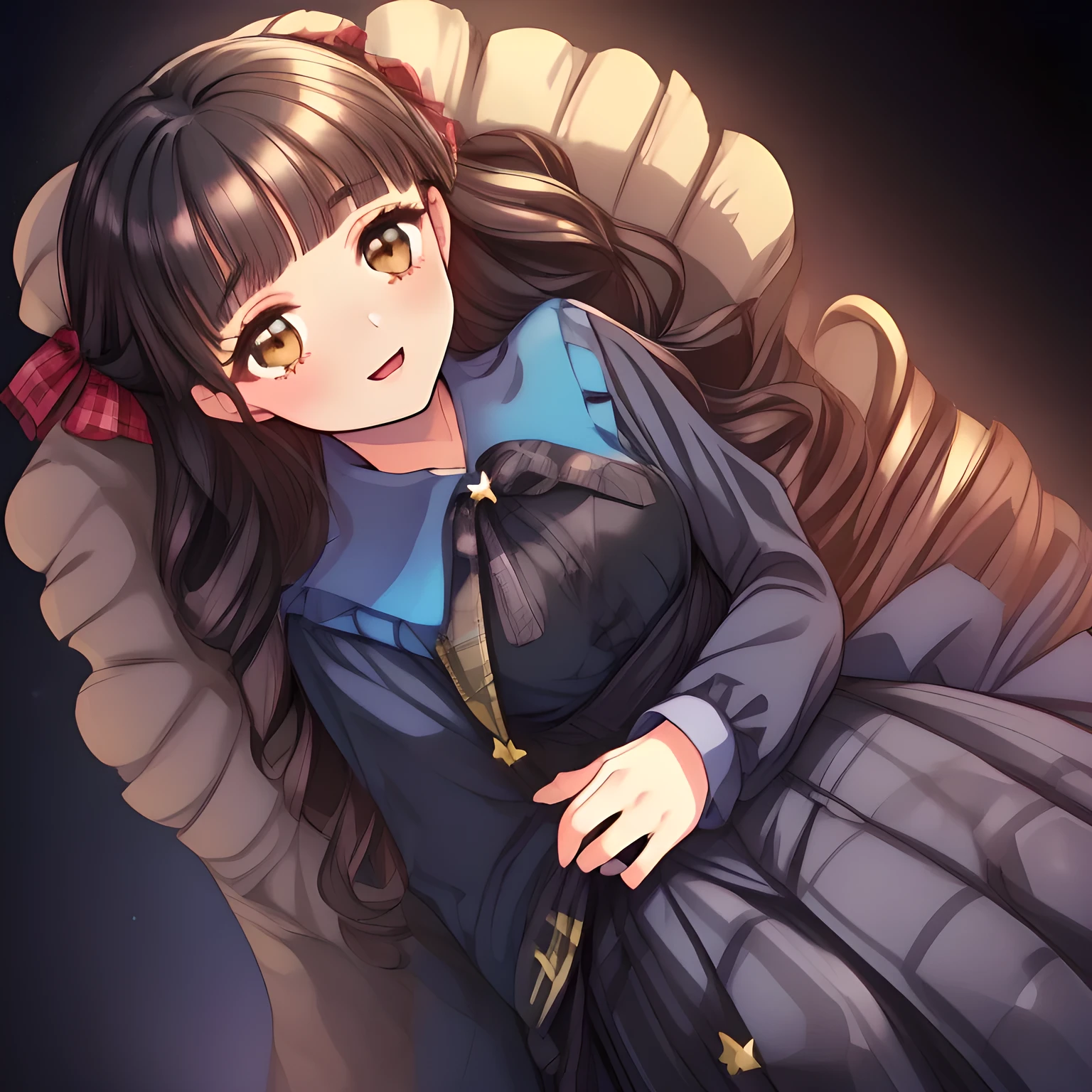 (highest quality, masterpiece:1.2), highest quality, High resolution, 1080p, 8K, (A yo beautiful pretty fashion model is seated on a char nobly and turning to me, most beloved girl in the school, (intelligent and perfectly balanced slender style), too flirting girly smile, amazingly neat & clean, in peace and neat lovely strong charm, (face up, looking down), tilted head: 1.8), (Too noble beautiful lady like a love-story comic heroine), (laugh in bliss), (Whispering the viewer's subliminal desire secretly to hypnotize the viewer), A very lovely, very noble, pretty and pure beautiful girls. ((Bursting out Laughing very elegantly)), ((white face)), Using expensive whitening cosmetics by cosmetics artist: 1.2), A white face that everyone loves, Glossy lips, (curled) bangs, (Too beautiful blue fascinating shiny (double-lidded) (brown eyes) with love to the viewer, ((deep upper girly eyelid)), with detailed clearly (like girlish comics beautiful lovely heroine): 1.5), ((amazingly beautiful (wavy) long black hair: 1.5)), (Sailor-style school uniform, Neat smart (yellow blouse)): 1.5), (A long, very neat, (tartan-checkered pleated blue skirt with thin fabric belt): 1.2), (too pretty shiny light-yellow realistic school ribbon): 1.5), (Shiny game heroine lips, extremely laughing open mouth: 1.0), (Ribbon in (black hair), The ribbon is big and very pretty), (Tight waist, slender like a beautiful fashion model: 1.5), (The background is (plain black space with lovely heart stars) to emphasize her fascination: 1.8), (The lady knows well about the viewer's super fetishism for school uniforms, and satisfies it completely: 1.7), (beautiful neat girlish cute noble atmosphere : 1.8), (take a full body (side) shot: 1.0)