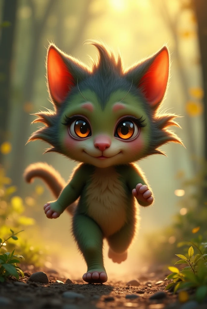 Super cute female orc with cat ears, running in the forest in the early morning, her eyes look like she has seen prey, her expression is happy, high-definition and delicate, the picture is colorful， high resolution,  High detail,  high quality, 