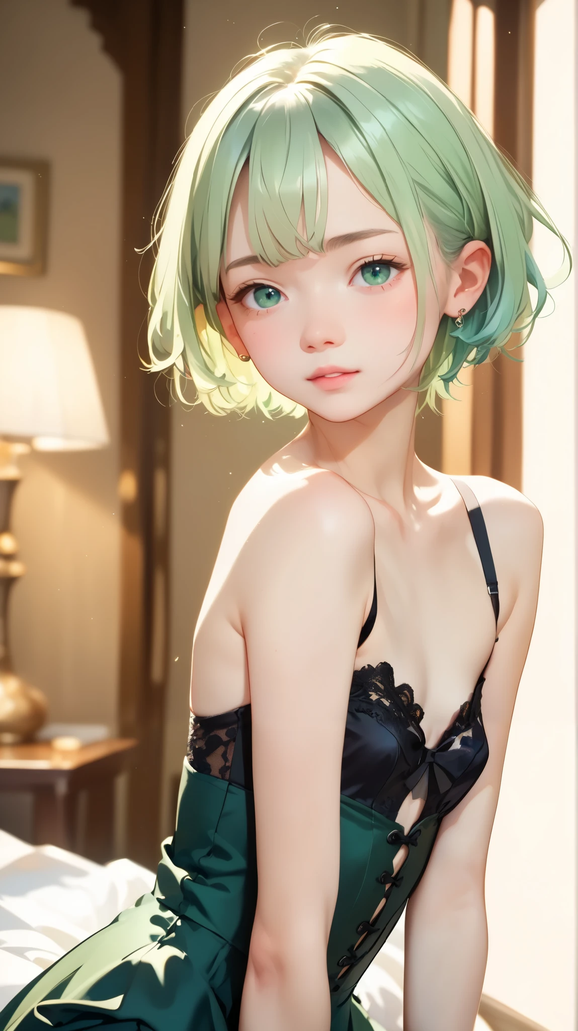  White-skinned Women , Short hair and  、 Comes with a black bustier that stretches all the way to the chest、 light green strapless dress with black bustier that extends to the chest 