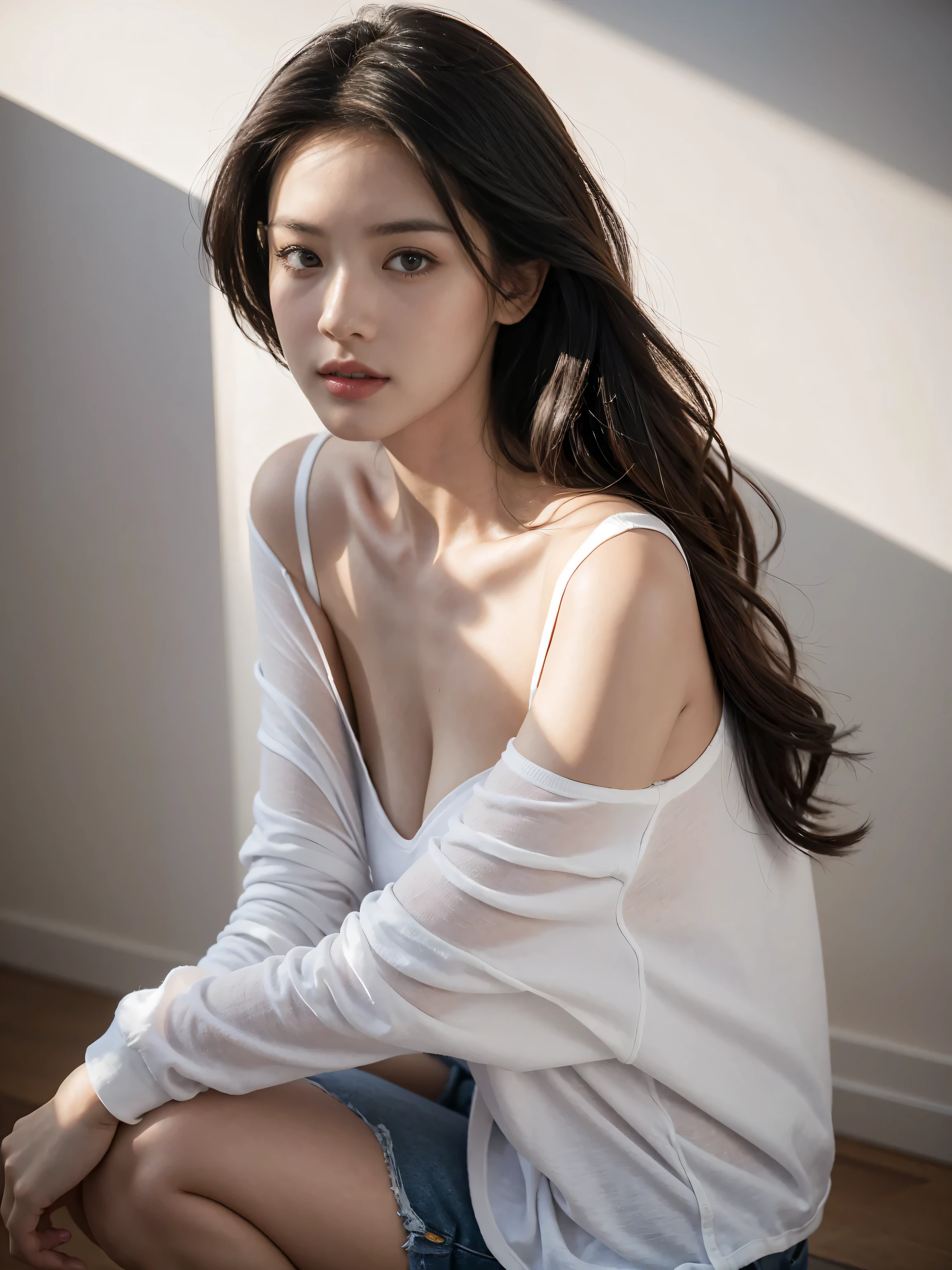 masterpiece, best quality, ultra high resolution (realism: 1.4), original photo, 35mm lens., F1 aperture.4, movie poster, light and shadow, female, a white cardigan, I see cracks, tight mini dress, long black hair, real skin, (skin detail: 1.3),