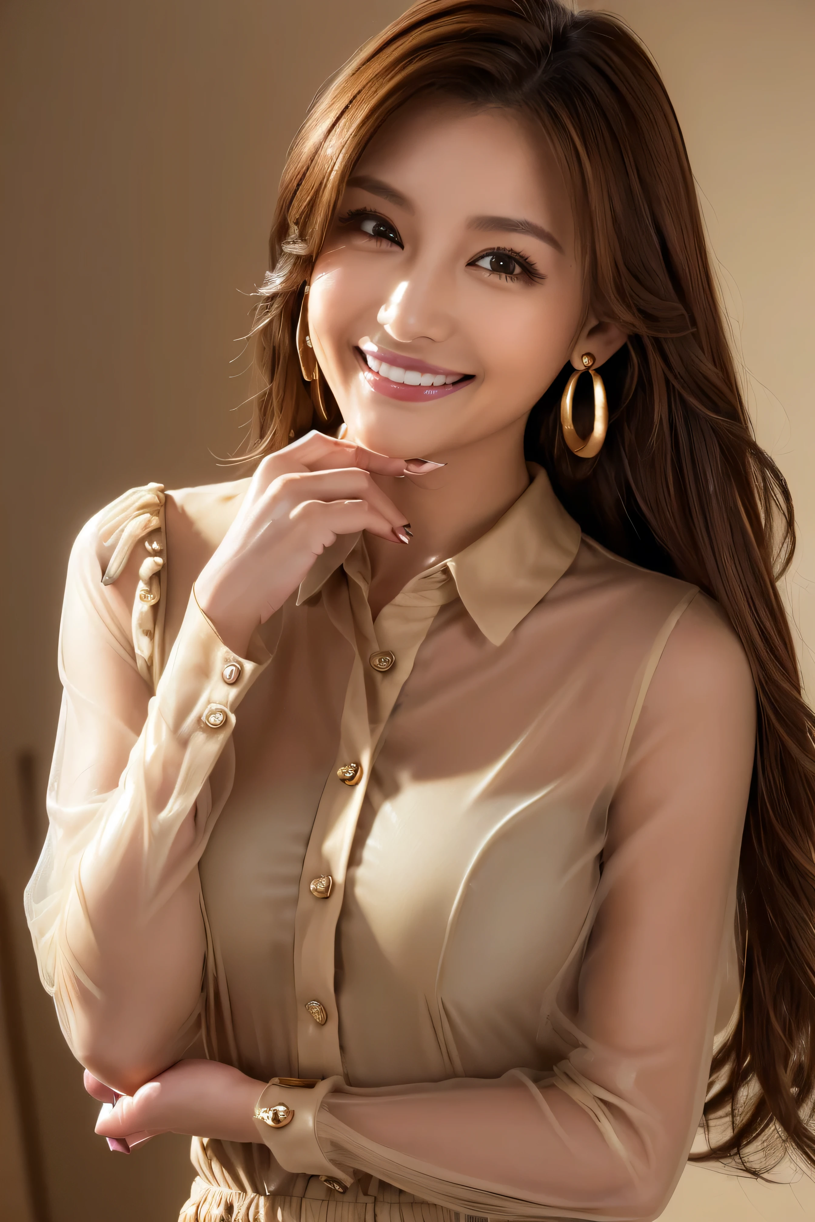 dynamic, cinematic pictures,(Ultra by Nomi, Hi-Res), ( Extremely Exquisite Eyes , with hair depicted in detail , highly detailed face, Highly Detailed Plump Lips , perfect anatomy),( top quality:1.4), ( by Nomi, photo- by Nomi:1.37), professional photo shoot, cinematic light , ( detailed face: 1.2), smile, waistline、((Super long brown hair reaching to her waist:1.4)),((wearing beige mini button up dress_with see through long sleeves_collared shirt:1.3))((Place your left hand gently on your chin:1.5))((gold necklace_Large earrings:1.2))((Carry a shoulder bag:1.5))((shy smile:1.5))