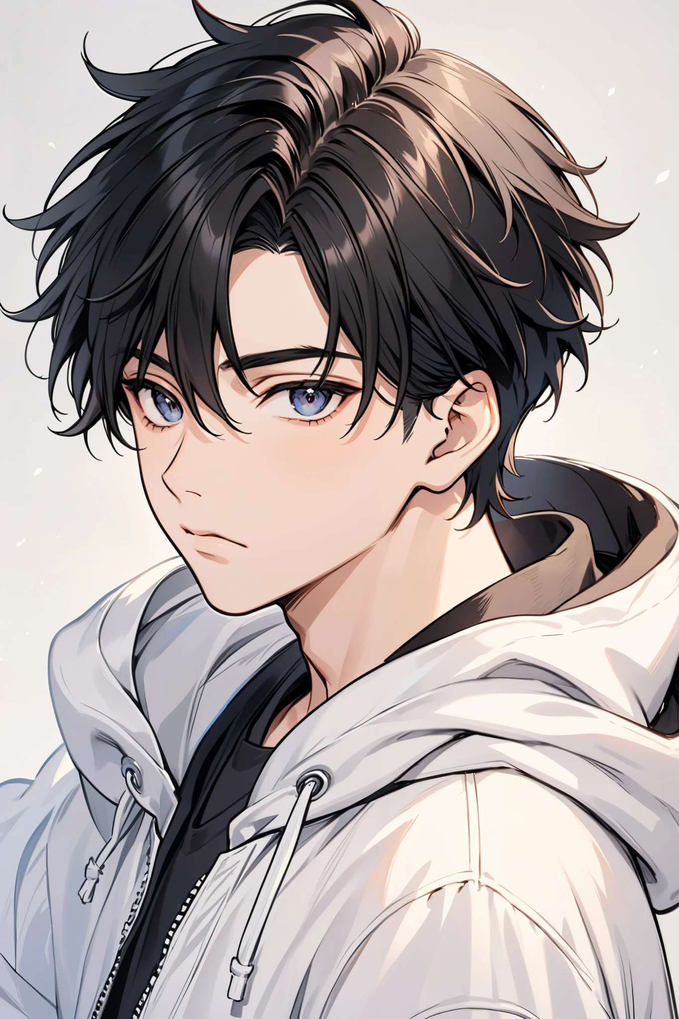 black haired male.  wearing a hoodie and decadent. Looks like he's about 29 years old.