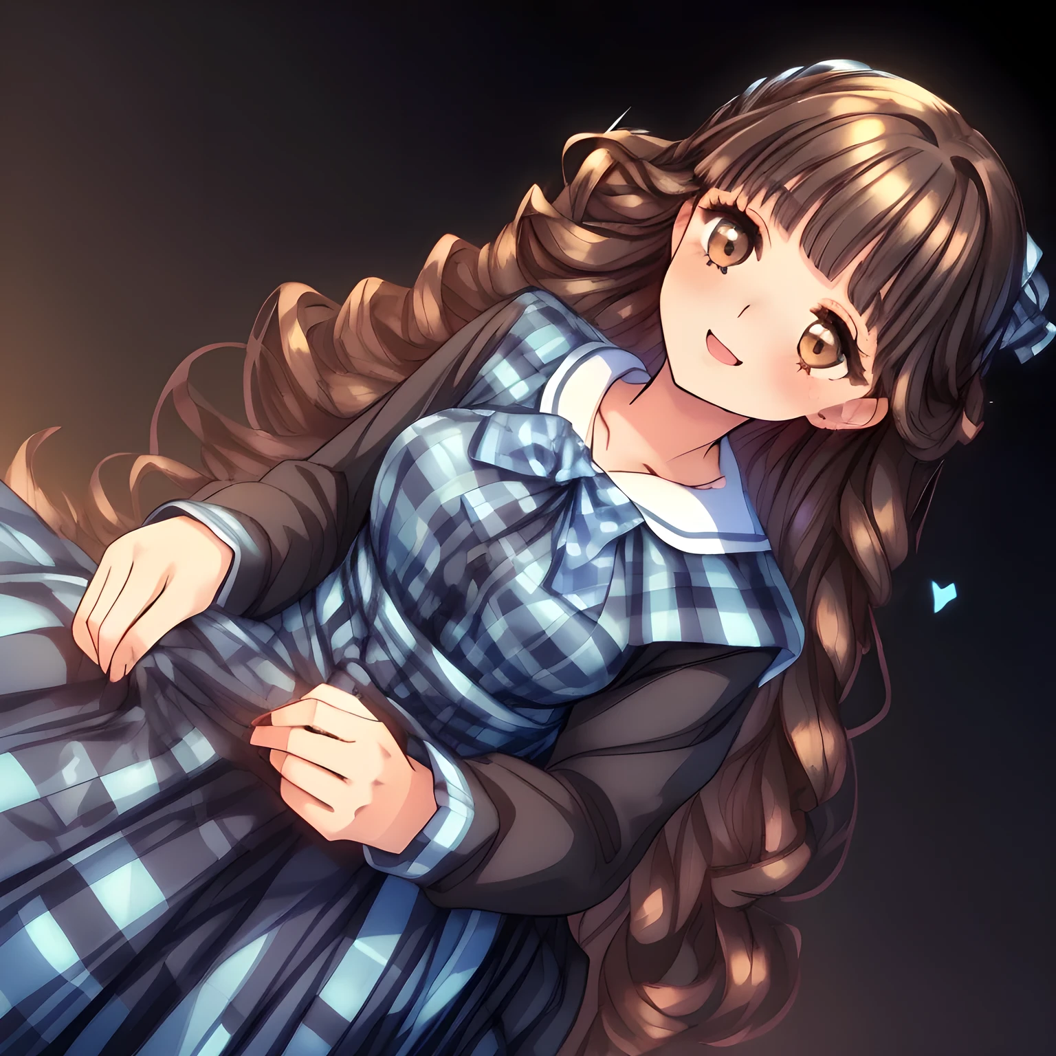 (highest quality, masterpiece:1.2), highest quality, High resolution, 1080p, 8K, (A yo beautiful pretty fashion model is seated on a char nobly and turning to me, most beloved girl in the school, (intelligent and perfectly balanced slender style), too flirting girly smile, amazingly neat & clean, in peace and neat lovely strong charm, (face up, looking down), tilted head: 1.8), (Too noble beautiful lady like a love-story comic heroine), (laugh in bliss), (Whispering the viewer's subliminal desire secretly to hypnotize the viewer), A very lovely, very noble, pretty and pure beautiful girls. ((Bursting out Laughing very elegantly)), ((white face)), Using expensive whitening cosmetics by cosmetics artist: 1.2), A white face that everyone loves, Glossy lips, (curled) bangs, (Too beautiful blue fascinating shiny (double-lidded) (brown eyes) with love to the viewer, ((deep upper girly eyelid)), laughing with detailed clearly: 1.5), ((amazingly beautiful (wavy) long black light hair: 1.5)), (Sailor-style school uniform, Neat smart (yellow blouse)): 1.5), (A long, very neat, (tartan-checkered pleated blue skirt with thin fabric belt): 1.2), (too pretty shiny light-yellow realistic school ribbon): 1.5), (Shiny game heroine lips, extremely laughing open mouth: 1.0), (Ribbon in (black hair), The ribbon is big and very pretty), (Tight waist, slender like a beautiful fashion model: 1.5), (The background is (plain black space with lovely heart stars) to emphasize her fascination: 1.8), (The lady knows well about the viewer's super fetishism for school uniforms, and satisfies it completely: 1.7), (beautiful neat girlish cute noble atmosphere : 1.8), (take a full body shot from her side: 1.0)