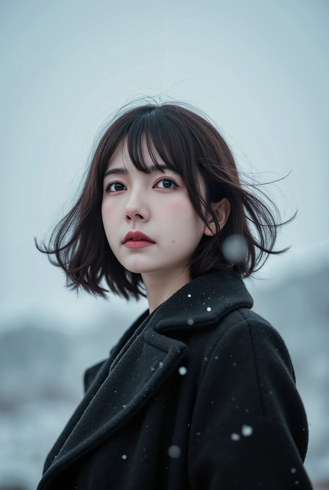 a girl with short hair in a black coat was standing in the snow,look up,the breeze stirred the hair,heavy snow,snowing,depth of field,telephoto lens,messy hair,((close-up)),((sad)),sad and melancholy atmosphere,reference movie love letter,profile,looking up,(face focus),((floating hair)),bangs,eyes focus,half closed-eyes,central composition,from below,