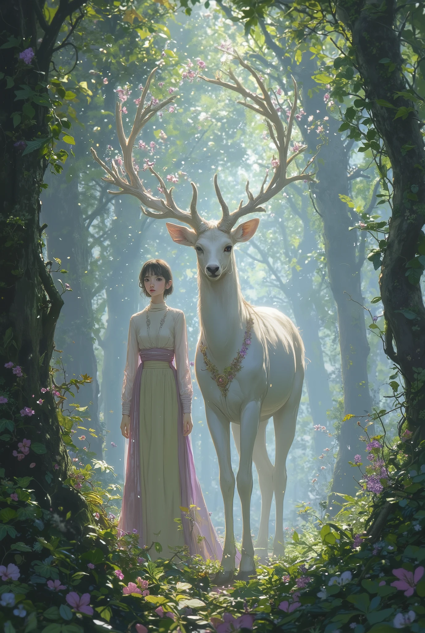 This image portrays a majestic and ethereal scene set within a mystical, foggy forest. At the center stands a stunning tall and big white stag, its snowy coat radiant and almost glowing against the muted green hues of the dense woodland. Its antlers are truly otherworldly, branching upward and outward like sacred tree limbs, adorned with delicate blossoms of soft pink, white, and pale green, intertwined with lush greenery. The stag's eyes are calm and deep, exuding wisdom and an aura of magical serenity. Beside the enchanted creature walks a handsome 20years old sorcerer, his presence as captivating as the stag itself. The sorcerer dons an exquisite rich pink wizard's robe, flowing elegantly to the ground, its fabric shimmering subtly in the soft light. The robe is adorned with intricate soft lavender floral embroidery, which weaves along the hem, cuffs, and sleeves in delicate patterns, adding a touch of refinement and magic. Beneath the buttoned-up robe , the sorcerer wears a tight creamy-yellow turtleneck outfit, the contrast adding sophistication and a modern edge to his enchanting attire. Atop his head sits a rich pink wizard's hat, tall and pointed in classic wizardly fashion. Its fabric matches the robe perfectly, with subtle floral accents that mirror the embroidery below. The hat gives him an air of both authority and whimsy, completing his magical ensemble. The sorcerer’s posture is regal yet approachable as he walks alongside the white stag. His movements are fluid, almost otherworldly, as if he and the creature share a mystical bond. The scene is bathed in dappled light filtering through the trees, casting soft beams onto the forest floor and catching on the sorcerer’s rich robes, making the floral embroidery shimmer faintly. The forest itself is quiet and dreamlike, with a soft mist hanging low, accentuating the enchanted atmosphere. The trees tower above, their dark trunks contrasting with the pale green leaves and glowing patch