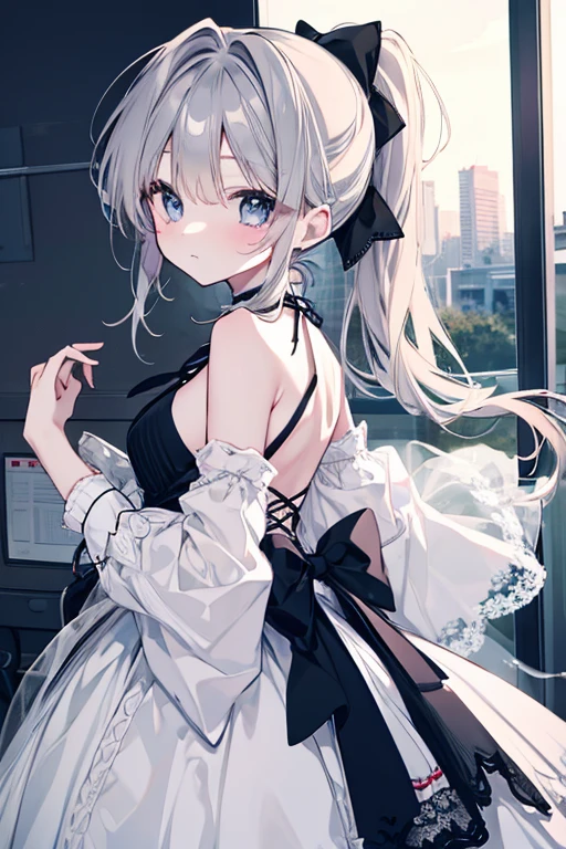 Silver-haired blue eyes、 girl、Small breasts、Twin tails、Laughter、Nico Nico Smile、Wink、 girl、Looks about 15 years old、Petan Musume、short、There are highlights in the eyes、Gal-like appearance、Wearing piercings、She leans forward and seduces、Wear light clothing、It's very hot and I'm sweating