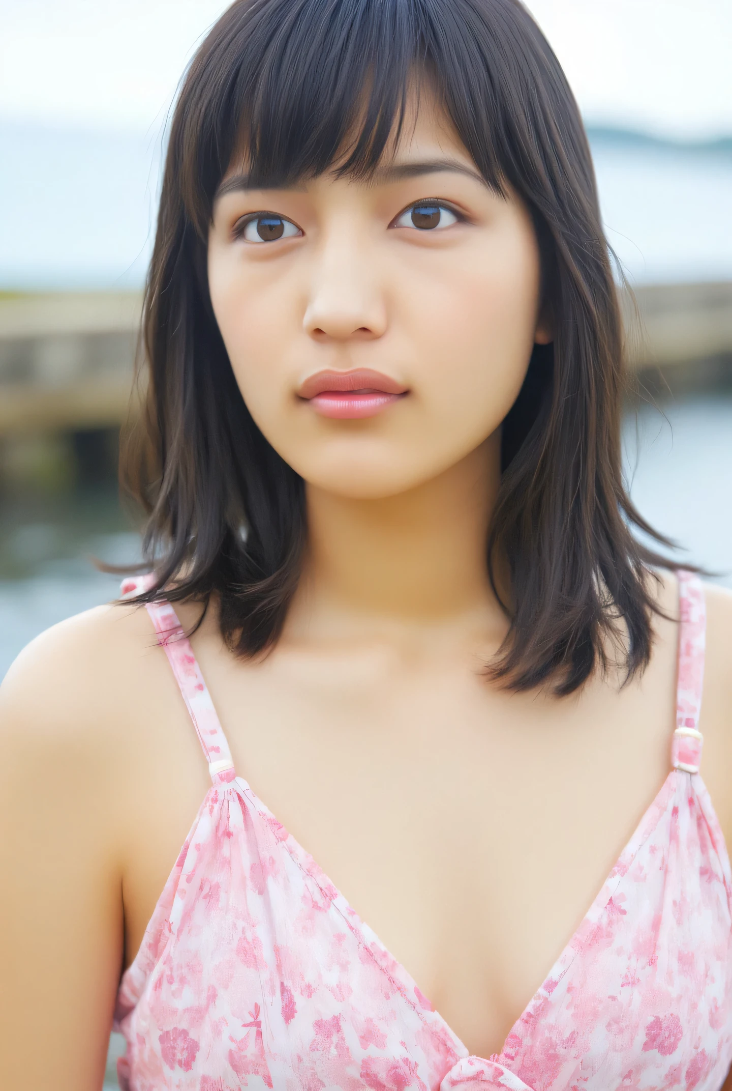 top quality, 8k, masterpiece,, super high resolution, (photorealistic:1.4), raw photo, single woman, dark brown hair, medium length hair, healthy tan skin, wet body, dramatic, full body, (making up, legs apart:1.2), cute patterned bikini, standing in water, (floral swimsuit), ((cherry pink sexy micro bikini, model with attractive body)), bikini model, swimsuit model, female model,, young swimsuit model, shiny plastic bikini, Japanese model, (shiny spats separate from costume, thong, good,) pee bikini,, attractive body, wet swimsuit, sexy young woman