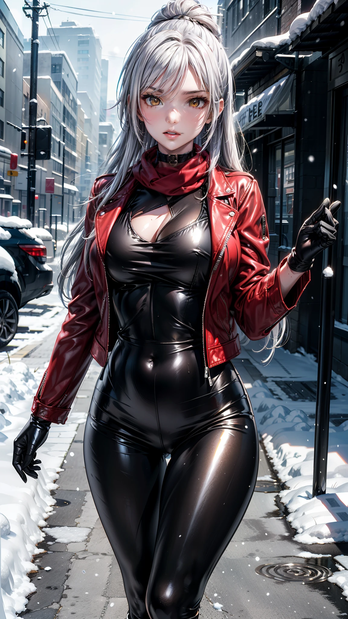 (Yaedef :1.4), 8K, highres, ultra detailed, ( masterpiece:1.4), (( perfect hands)), Better quality, Sakuya Shirase, symmetrical body, sensual lips, slender legs , badass anime girl , bright clothes, beautiful, Alone, of foot, Tender Pose, (( seen from the front )), tender look, long ponytail black hair, detailed face , detailed eyes , amber yellow eyes , choker :1.6, choker :1.6, ((red scarf)), ((tight shiny black bodysuit)), ((( red leather jacket))), ((( shiny black leggings))), ((shiny black gloves )), ((calle con snow)), city, (cloudy), Snowing, snow