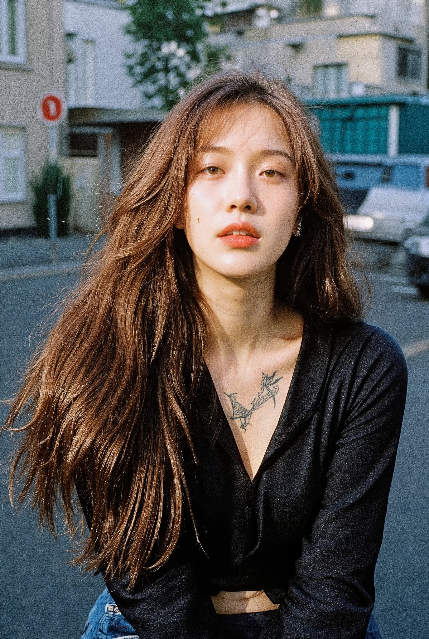 photorealistic, high resolution, 1women, mature female, Alone, hips up, long hair, street wear, tattoo,British, European Beauty ,Acne and freckles on the face