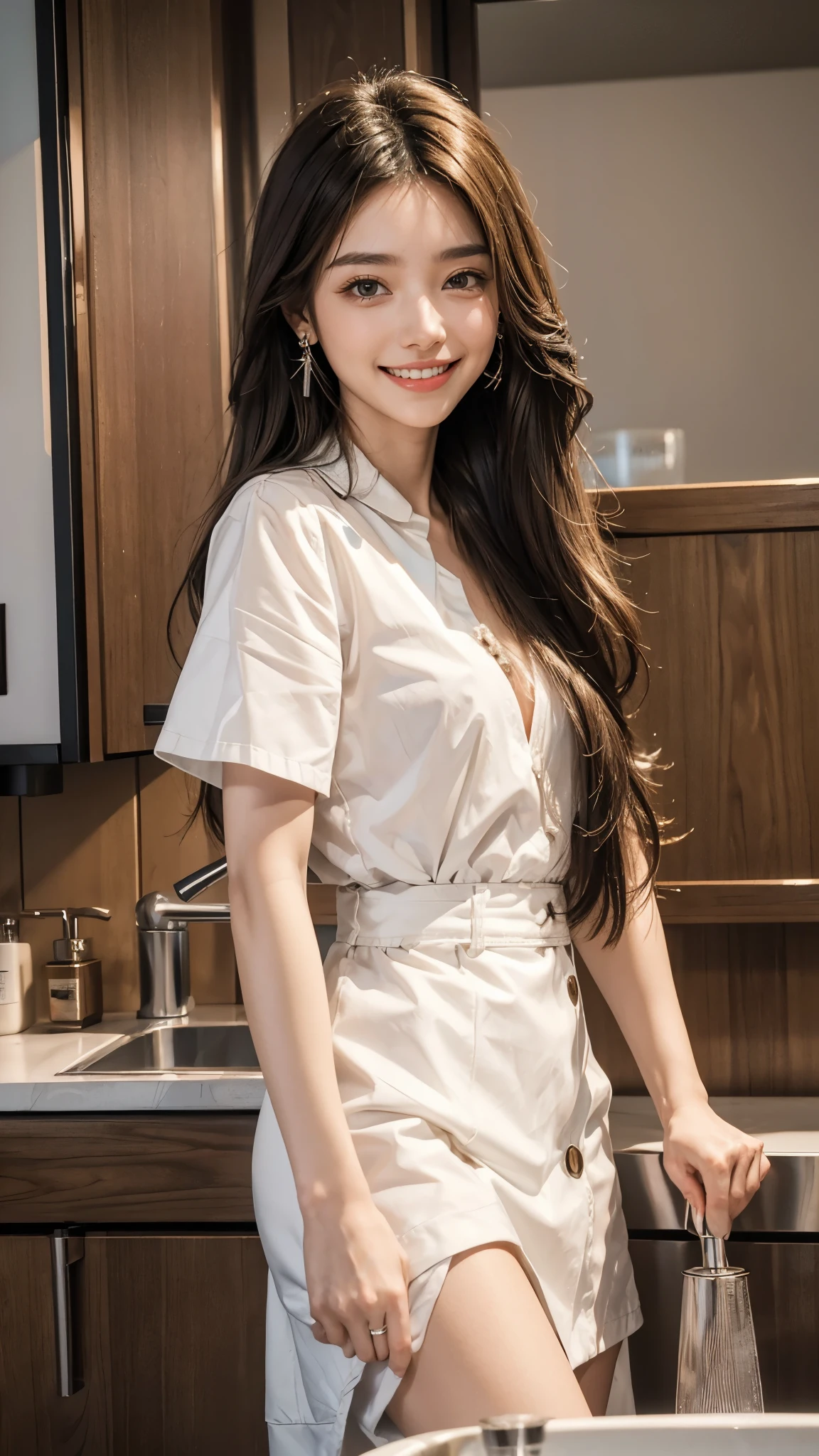 Young wife in the kitchen、Super detailed、Particles of light:0.5、Shiny and smooth skin texture、Reach for the counter、Beautiful Eyes、dorsal position、Mouth half open、Natural Texture、Long Wavy Hair、、Mature slender beauty、Small breasts、Dignified face、Boyfriend Shirt、Belly button、slouch、Small breastsの谷間