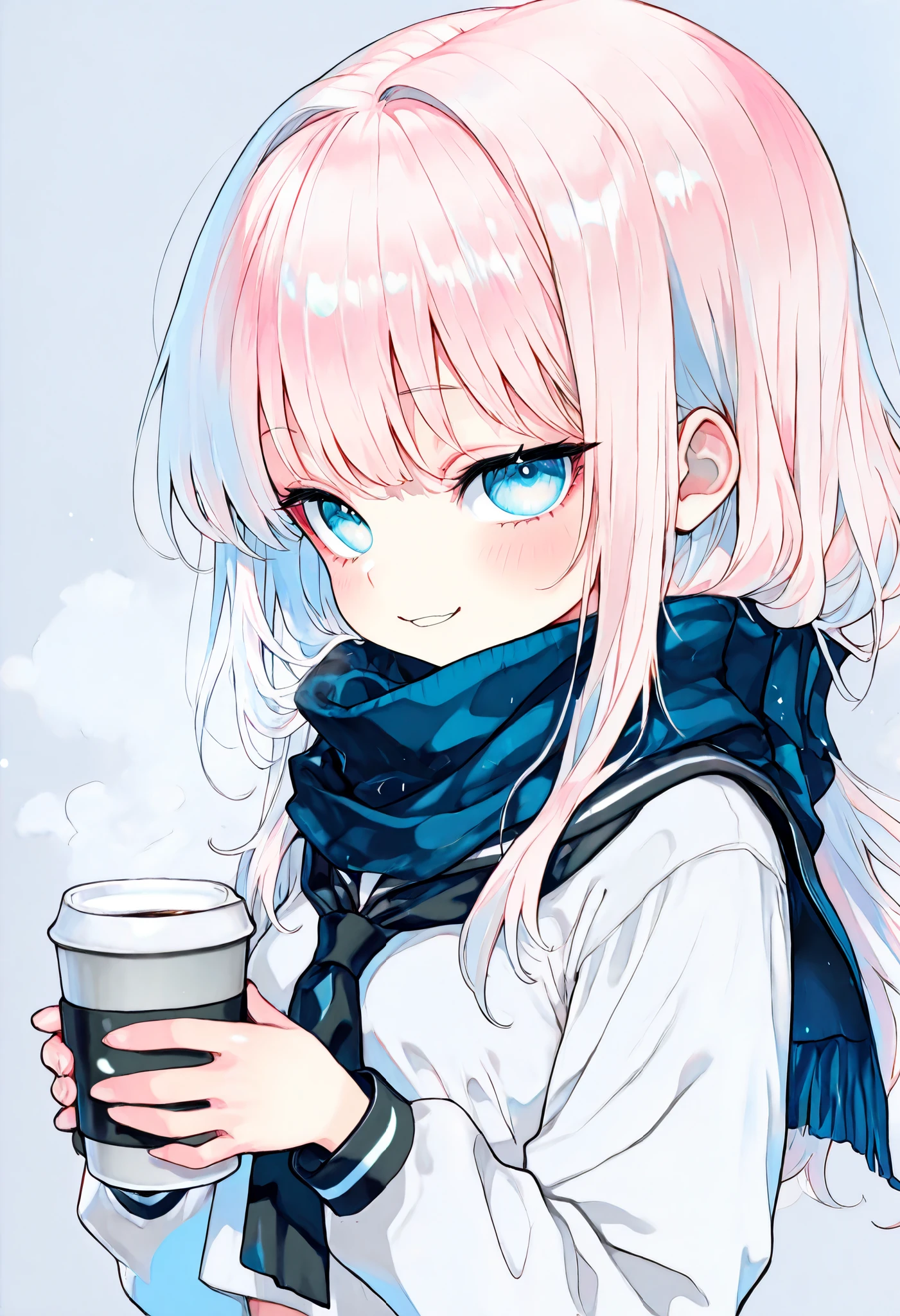 ((traditional media)),((Soft touch)), ((flat color)), Hold a cup with both hands ,Scarf , Uniform, hot drinks, Upper Body , naughty face ,very beautiful face ,Beautiful scenery, very beautiful profile, small breasts, (petite),(curvy), Shiny hair, light particles ,(),light pink hair, 1 girl, solo, (loli) ,fine hair ,transpart hair,Round eyes, very beautiful light blue eyes ,cute girl, medium long hair, princess cut, very beautiful, high quality, Elementary school students, 