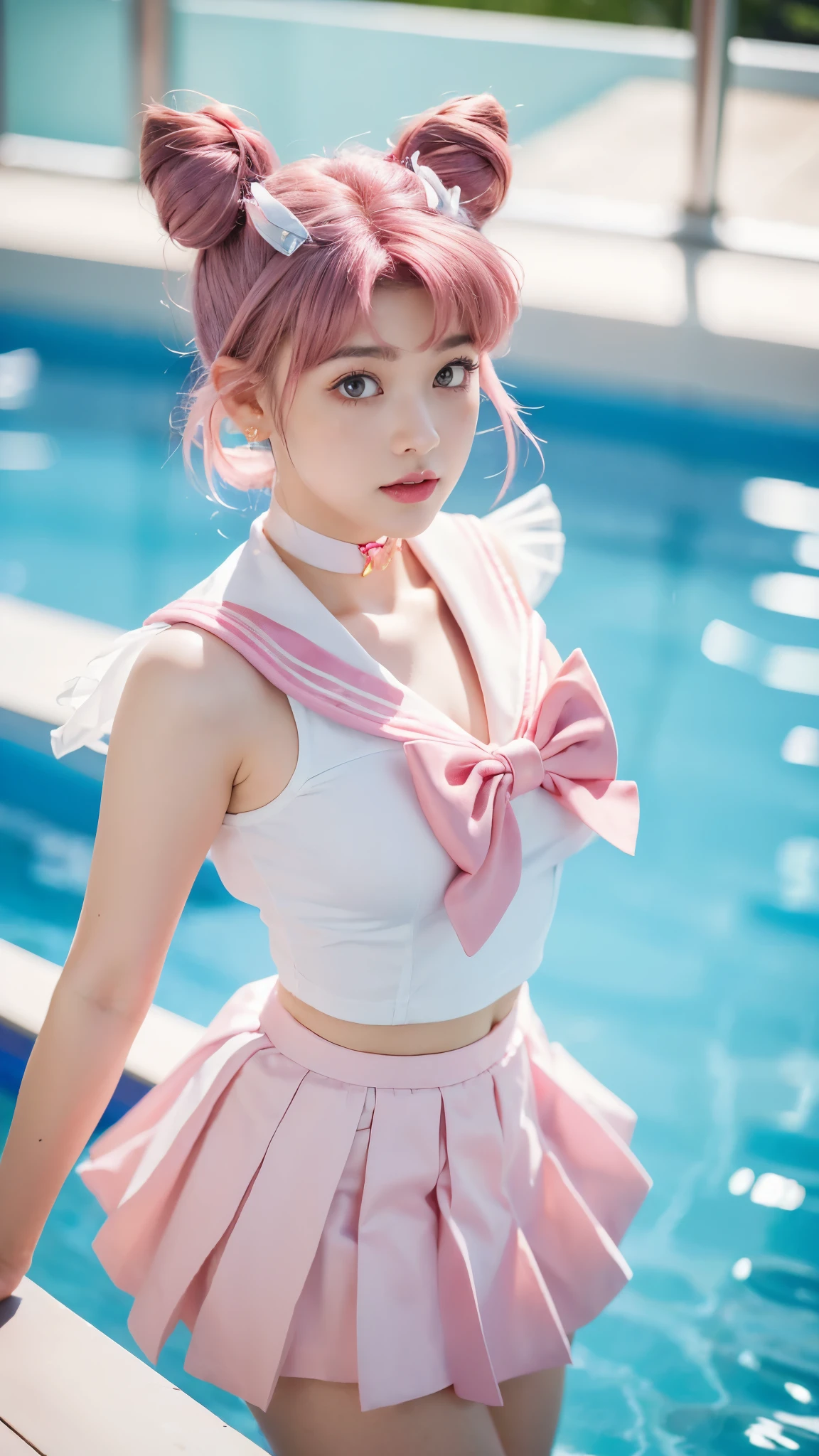 masterpiece, Highest quality, high resolution, (realistic), RAW photo, Octane rendering, Wearing a Sailor Mercury costume, Chubby face:1.1, sexy, Highest quality, Very detailed, Very accurate, Chubby face: 1.2, ((Wearing a Sailor Mercury costume)), close-up of a girl in a sailor costume posing by the pool, anime girl cosplay, anime cosplay, cosplay, cosplay photo, realistic cosplay, anime girl in real life, full-cosplay, Sailor Moon. beautiful, baby face, light make-up, natural make-up, big breasts, tall and big posture, thin lips, pink lips, pleated skirt, super short mini skirt, realistic anime photo, professional cosplay, sailor uniform, Sailor Moon style, ((pink hair, cone bun, twin bun, (((Sailor Chibiusa's characteristic hairstyle))), pink choker, big bow tie, pink bow tie, heart brooch in the middle of the tie, pink sailor collar, tiara)), (((poolside background))), Sailor Chibiusa, Sailor Chibimoon.