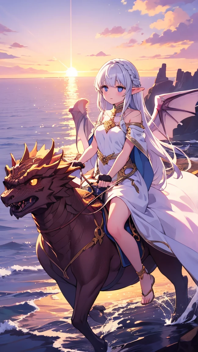 1人、Whole human body、rainbow hair, hair between eye, tiarra、diamond-shaped pupils, makeups, smiley, anime styled, Iridescent dresses、 From above, god statue、masutepiece, Best Quality、Riding a Dragon、Heavenly sky background、