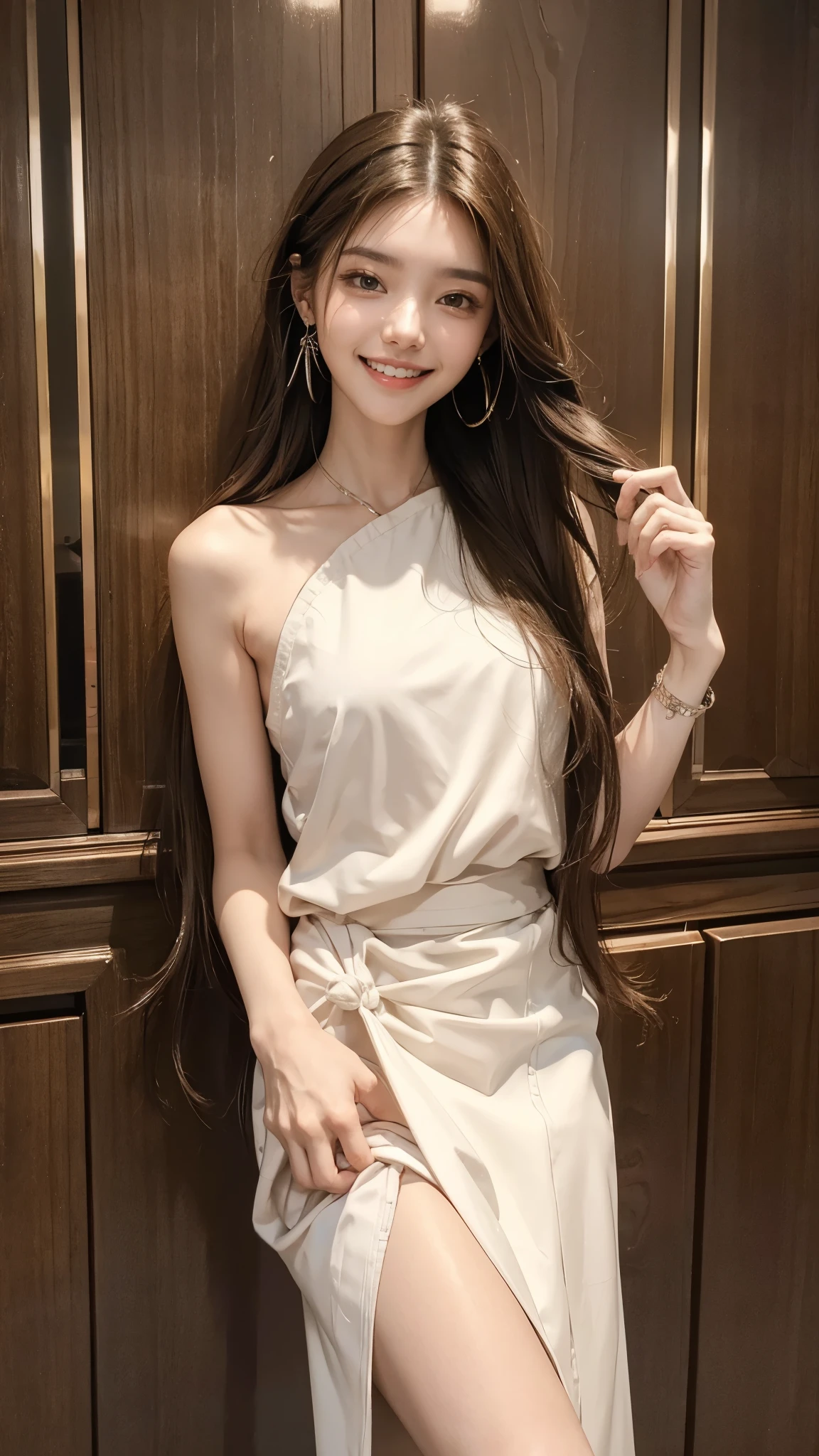 Large bust, Top quality, 1 beautiful kawaii female model, japanese, front facing, straight hair, Wide forehead, Wide forehead, thin eyebrows, Gravure model's body type, stylish, silk simple dress, high-quality clothing, wearing lux fashion, influencer, instagram, smiling, in resort