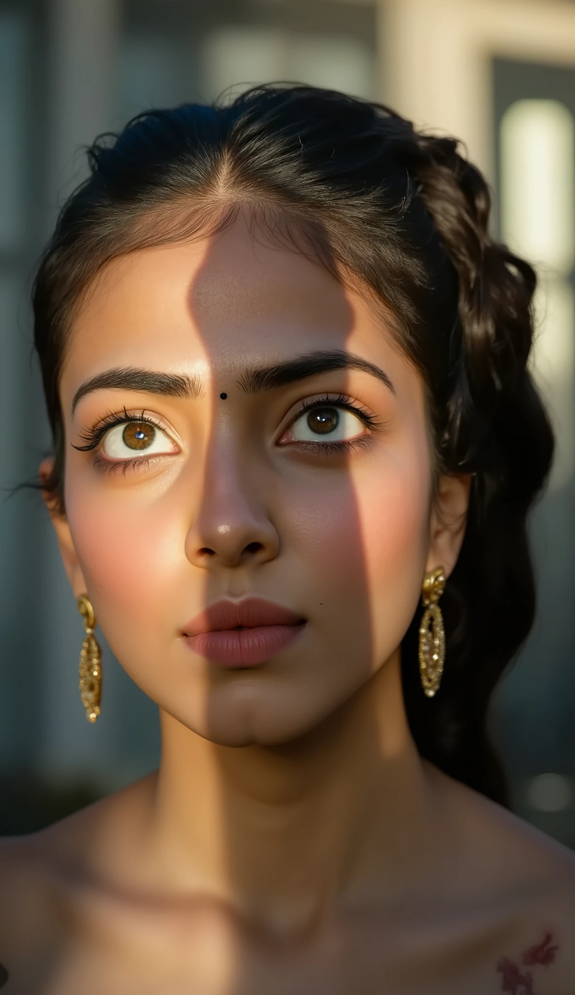 a beautiful girl, kneeling in front of the viewer, huge shadow of a penis over her face, she gazes up at the penis in awe, detailed facial features, photorealistic, dramatic lighting, high quality, 8k, hyper detailed, masterpiece.
