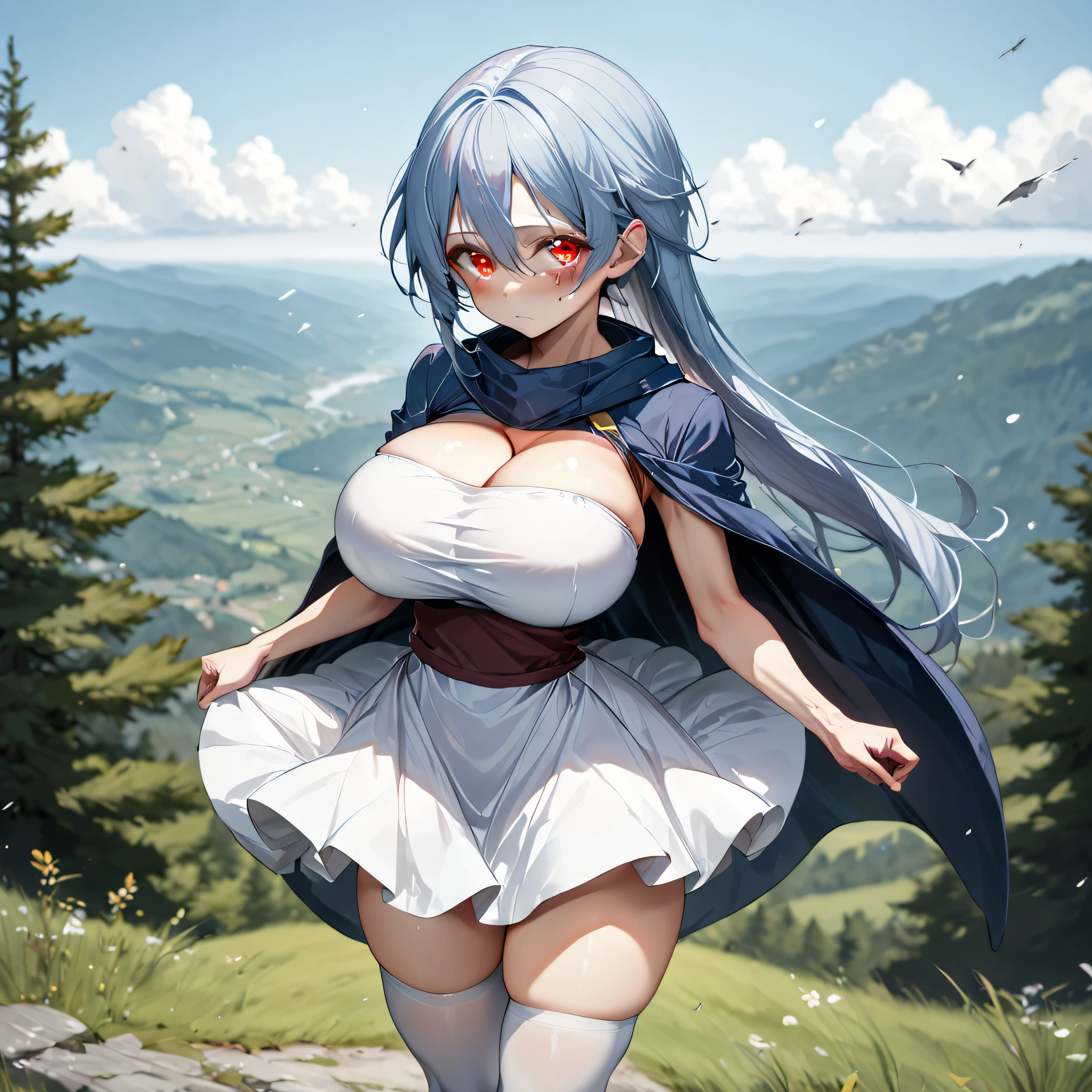(1Girl, full-body, front side, masterpiece, high quality, highly detailed, 8k,), (Puffy breasts, breasts-type:Puffy, Larger areola that appears puffed out, giving a distinct look, (wearing Ruffled velvet dress), (winter theme, winter background).