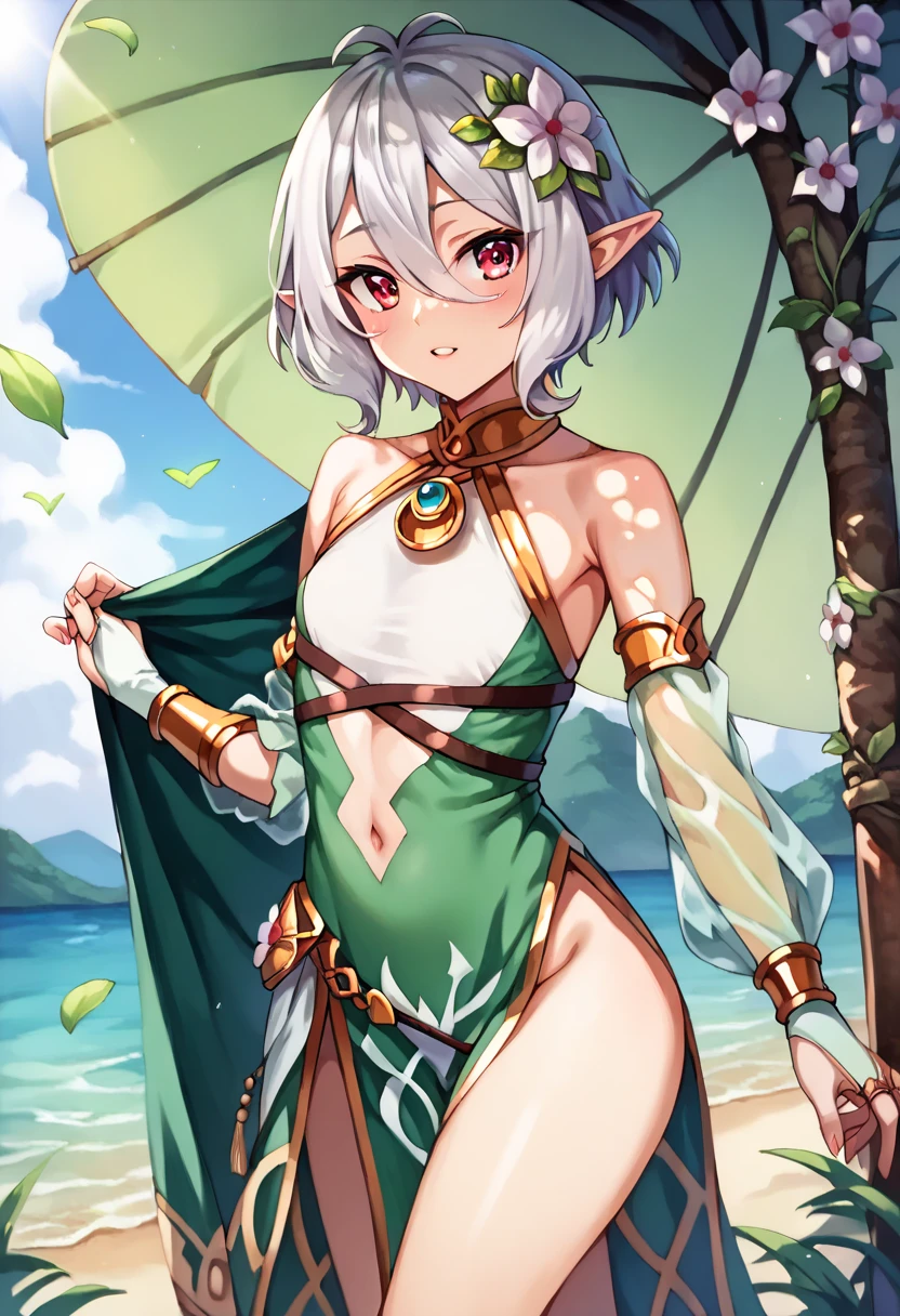 Short haired elf girl, Green eyes, dark skin, white hair