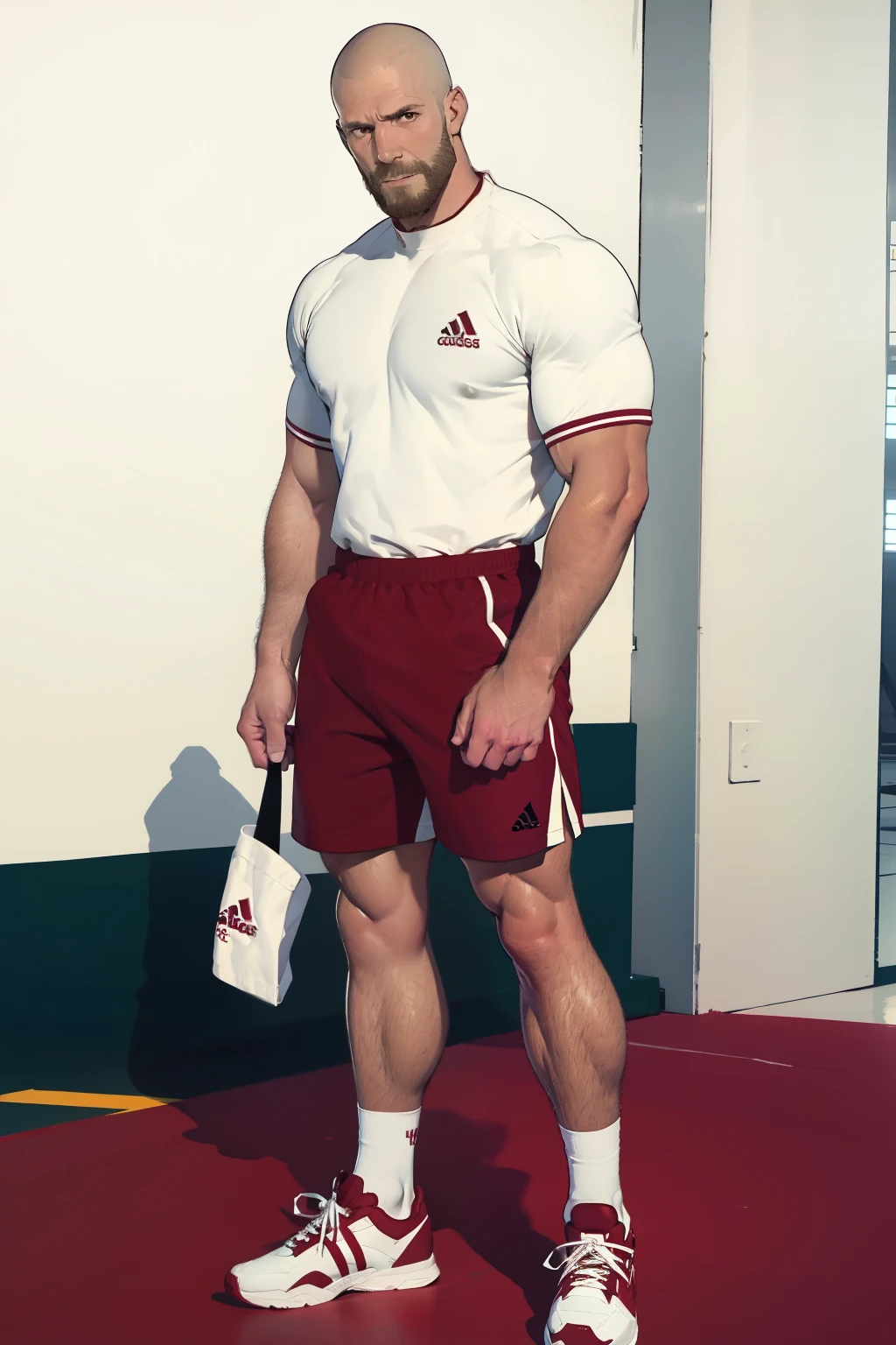 character sheet, tall, white male, buzz cut, maroon tennis shoes, white calf high socks, maroon white adidas gym shorts, standing, beard, thighs, hairy, white shirt, 