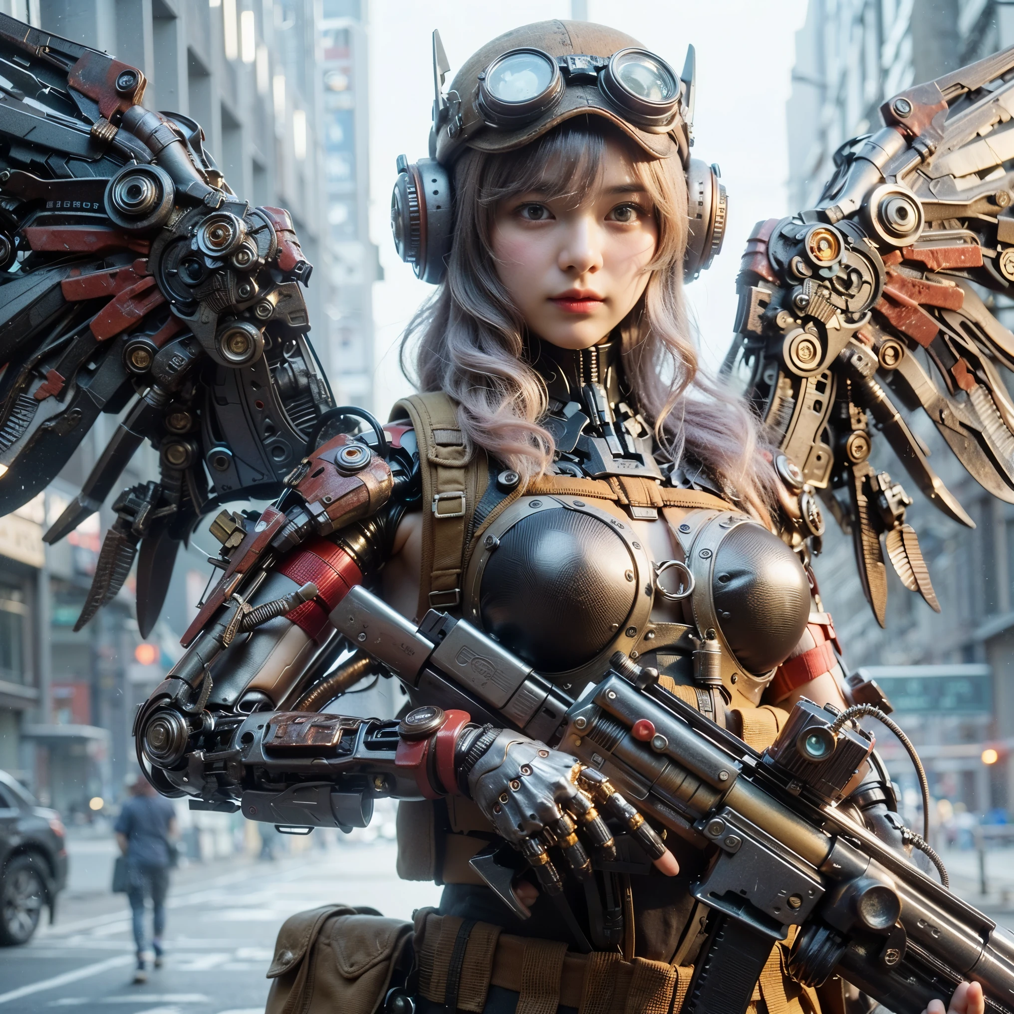 (Completely live action:1.37), (Amazingly realistic textures:1.37), (masterpiece, best quality:1.2), (8k uhd, 16k, 32k, ultra high res), amazingly realistic skin, amazingly realistic photo, superrealism, (photorealistic:1.37), (RAW photo), ultimately realistic, (ultimately realistic all details), (ultimately realistic all textures), super realistic lighting, super realistic shadow, (japanese girl:1.5), ((young face)), smiling, happy, super realistic face, ultimately realistic skin, ultimately realistic eyes, (amazing droopy eye makeup:1.35), ultimately realistic background, ultimately realistic detail up, kkw-ph1, ((design by KATOKI HAJIME, amazingly intricate details, Anatomically perfect hands, mechanical body, mechanical chest, mechanical legs, mechanical arms, machine armour))