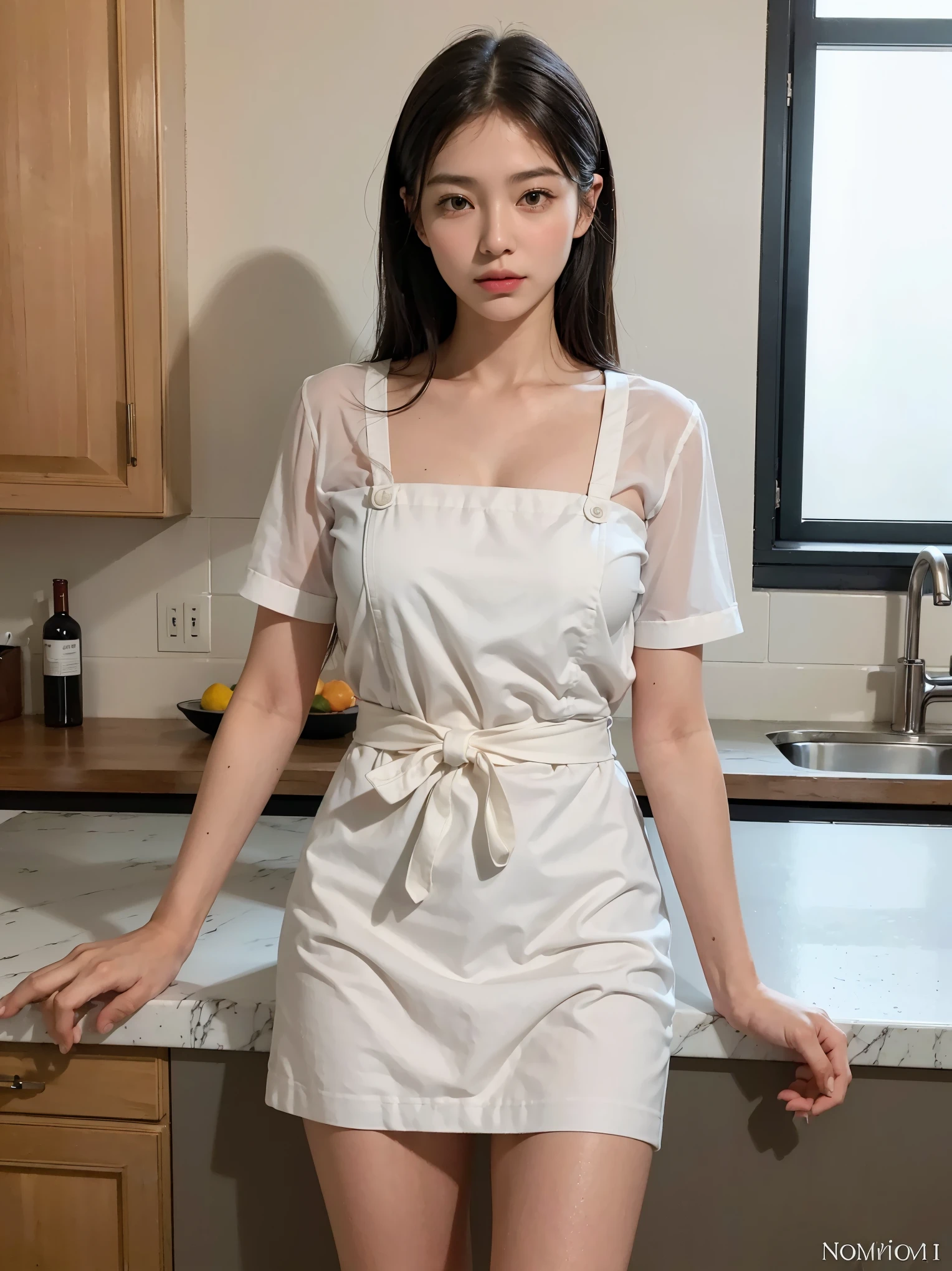 ( top quality,  ultra high resolution,  by Nomi:1.37), 25 year old girl,  My Great Partner ,  ,  PROFESSIONAL LIGHTING,  vibrant colors,  Calm Atmosphere ,  delicious scent , stainless steel appliances ,  Modern Design,  marble countertop ,  wood cabinet , Exquisite details,  apron, Chef&#39;s hat, Cooking equipment, Material,  Fresh Baked Bread , Stewing pot on the stove ,  steam rises ,   cutting board, Cutting vegetables,  bright fruit ,  wine glass, Elegant tableware,  cozy dining area,  natural light, Potted herbs, Recipe Book , Artistic wall decor, Laughter of joy,  teamwork, Culinary creativity.
