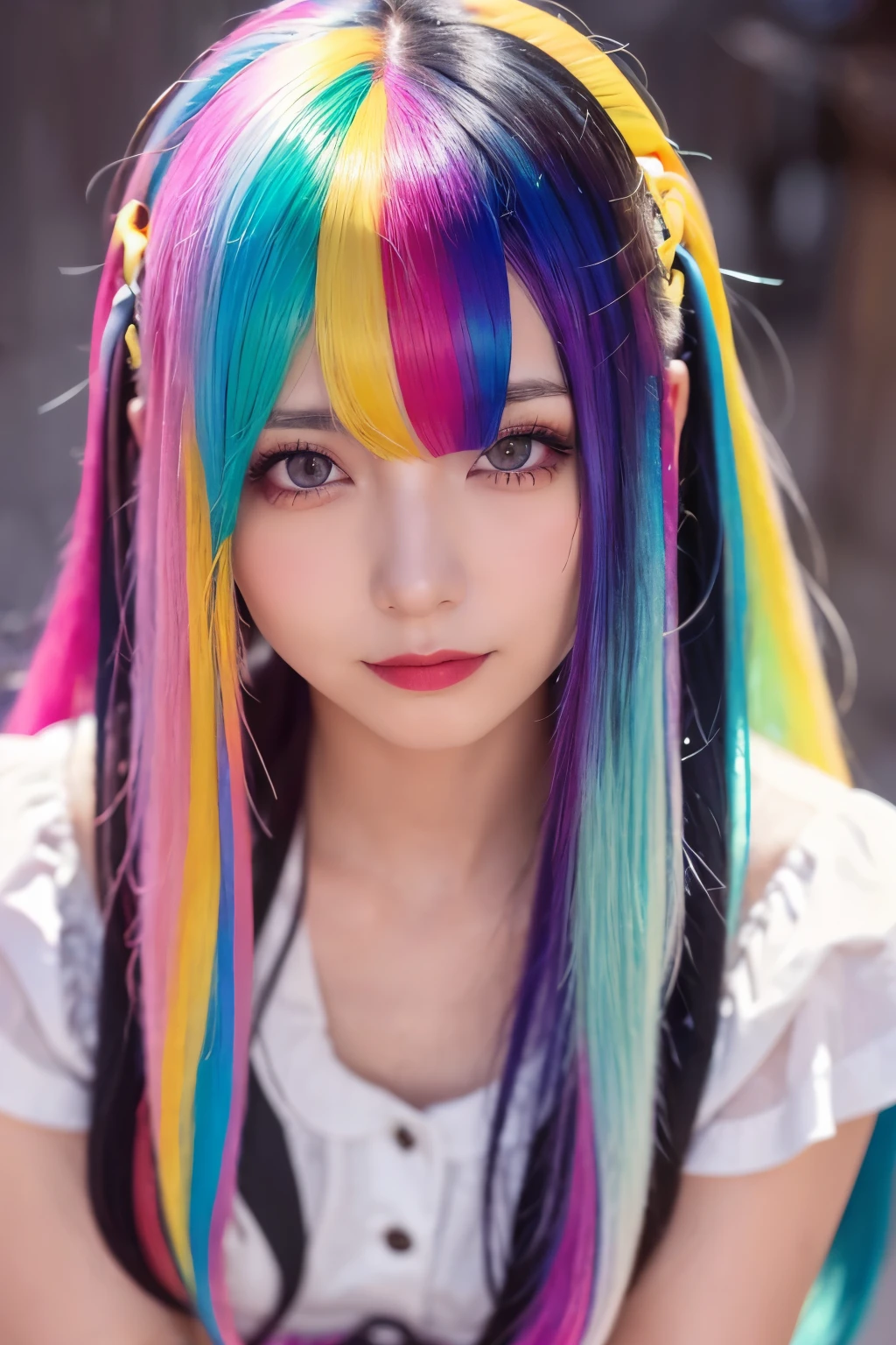 high quality, realistic、 Hi-Res, realistic、8k、 Masterpiece, Details.Impressive、Alone、 cutting-edge photo portrait of a woman、Expression of happiness、The way you look at someone you love、 yellow、Cyan, and purple, (( her colorful hair is gathered in a high position、Various hair colors:1.3)) 、 her bright makeup is really eye-catching