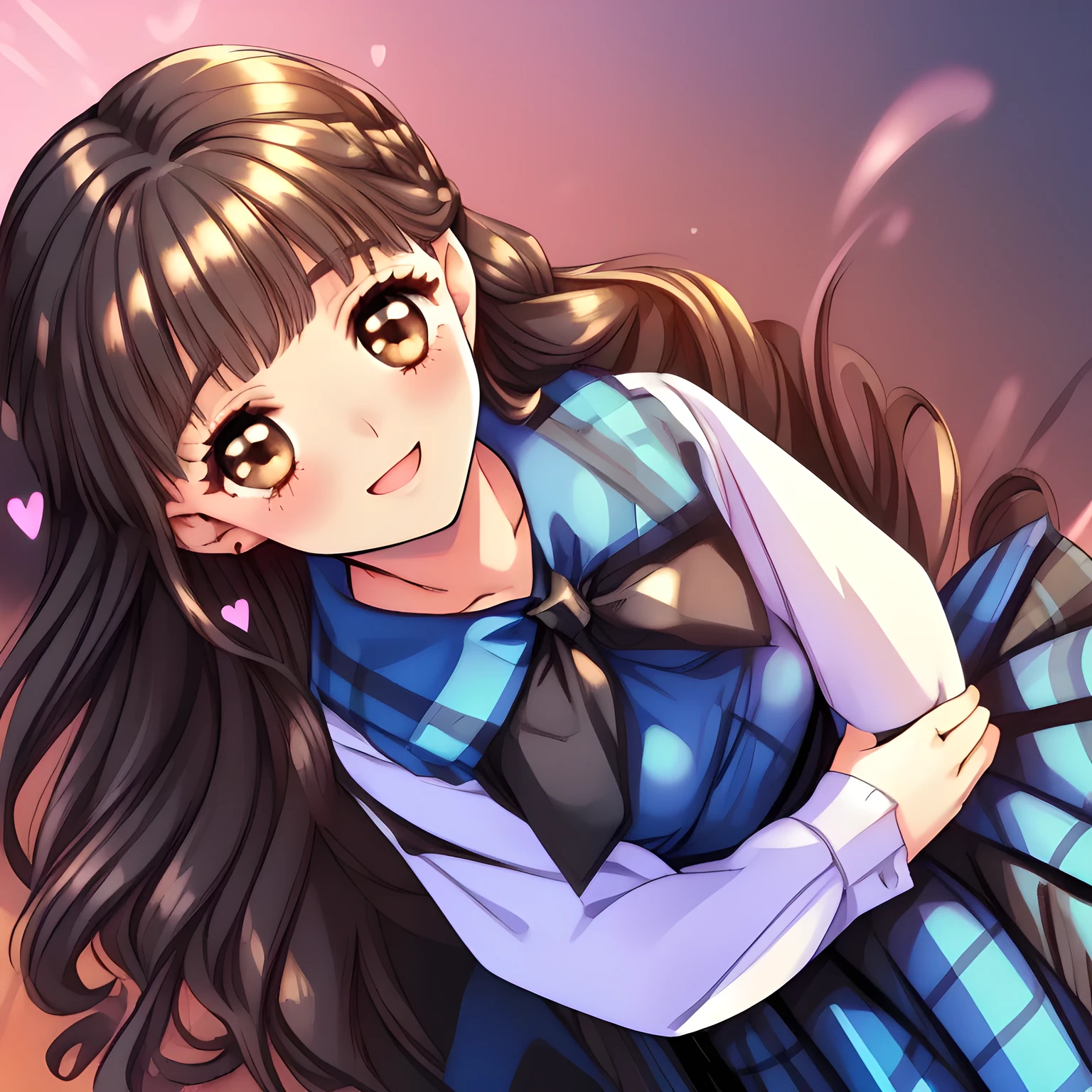 (highest quality, masterpiece:1.2), highest quality, High resolution, 1080p, 8K, (A yo beautiful pretty fashion model is seated on a char nobly and turning to me, most beloved girl in the school, (intelligent and perfectly balanced slender style), too flirting girly smile, amazingly neat & clean, in peace and neat lovely strong charm, (face up, looking down), tilted head: 1.8), (Too noble beautiful lady like a love-story comic heroine), (laugh in bliss), (Whispering the viewer's subliminal desire secretly to hypnotize the viewer), A very lovely, very noble, pretty and pure beautiful girls. ((Bursting out Laughing very elegantly)), ((white face)), Using expensive whitening cosmetics by cosmetics artist: 1.2), A white face that everyone loves, Glossy lips, (curled) bangs, (Too beautiful blue fascinating shiny (double-lidded) (brown eyes) with love to the viewer, ((deep upper girly eyelid)), laughing with detailed clearly: 1.5), ((amazingly beautiful straight (wavy) long black light hair: 1.5)), (Sailor-style school uniform, Neat smart (yellow blouse)): 1.5), (A very neat, (tartan-checkered pleated blue skirt with thin fabric belt): 1.2), (too pretty shiny light-yellow realistic school ribbon): 1.5), (Shiny game heroine lips, extremely laughing open mouth: 1.0), (Ribbon in (black hair), long thin braids, The ribbon is big and very pretty), (Tight waist, slender like a beautiful fashion model: 1.5), (The background is (plain black space with lovely heart stars) to emphasize her fascination: 1.8), (The lady knows well about the viewer's super fetishism for school uniforms, and satisfies it completely: 1.7), (beautiful neat fascinating cute noble atmosphere : 1.8), (take a full body shot from her side: 1.0)