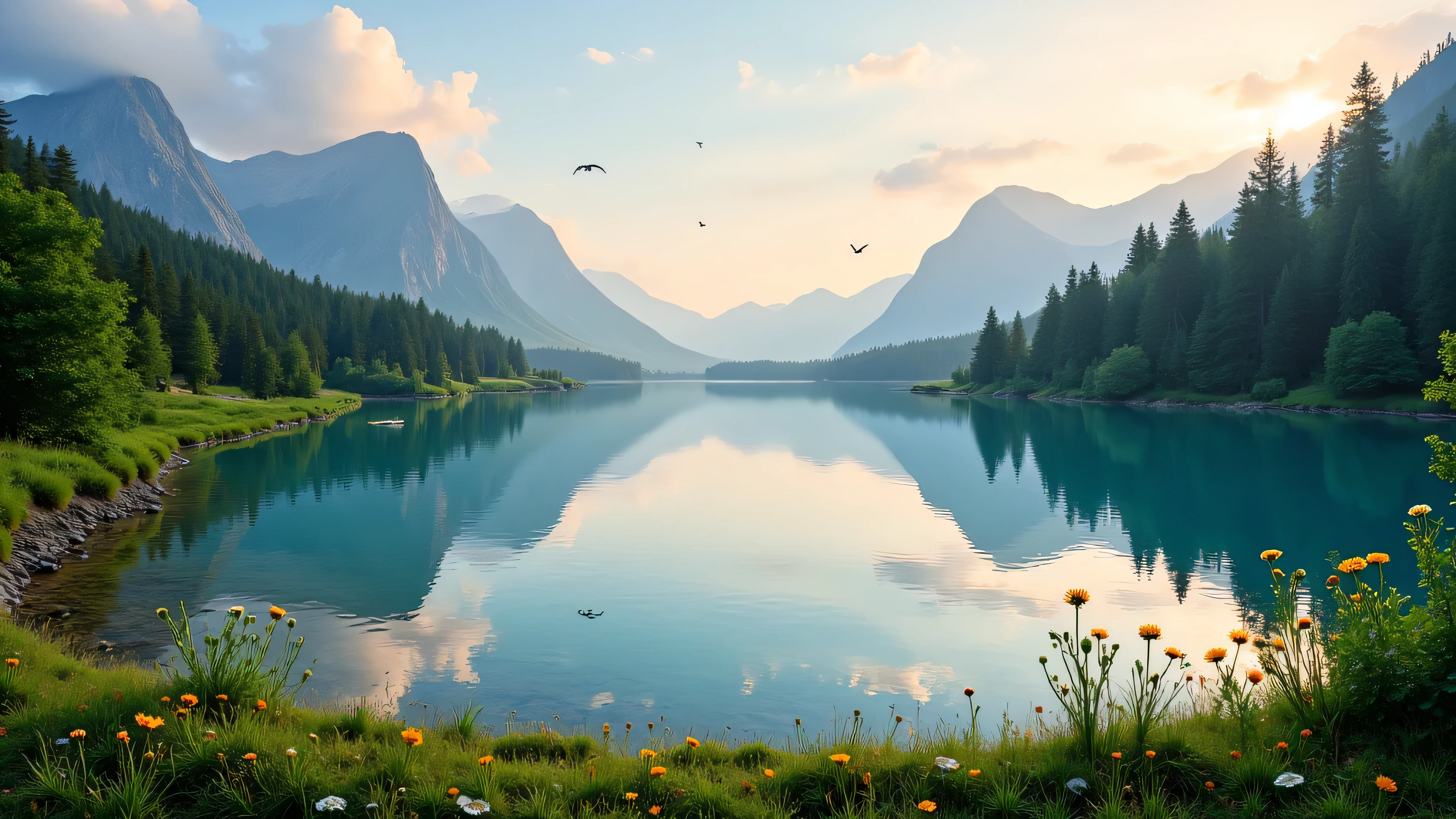 Create a breathtaking landscape featuring a serene, crystal-clear lake surrounded by lush green forests and tall mountains in the distance. The sky is painted with soft pastel colors of sunset, and the calm water reflects the vibrant hues of the sky and surrounding nature. Birds are flying across the sky, and wildflowers dot the grassy shoreline. The atmosphere feels peaceful and untouched by human presence, showcasing the beauty of the natural world in its purest form.