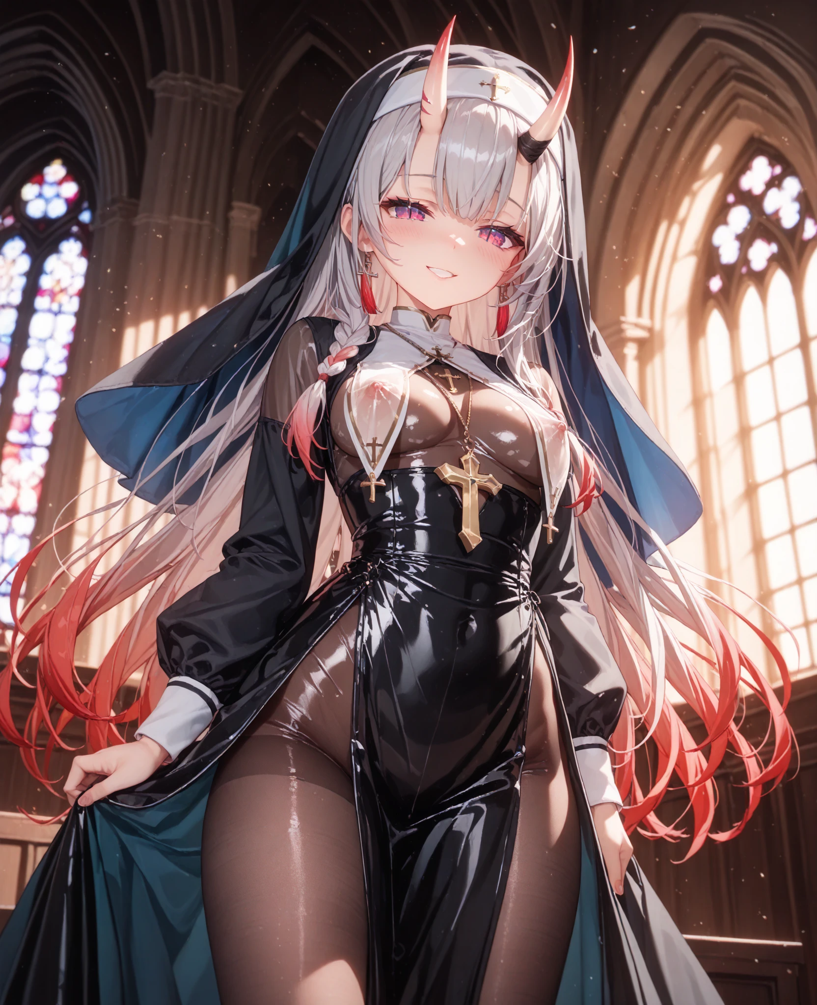 Presented in 8K resolution, this artwork is masterpiece-quality CG quality, with extremely detailed and realistic images, normal proportions, and the image of a nun. The nun tilts her head towards the audience, wears a large number of shackles and chains, wears erotic gold-rimmed corsets, erotic thigh straps, plump figure, flat chest, disgusted expression, and colorful hair. The work adopts an anime style, the skin texture of the characters is delicate, and the anatomy is correct. High image quality, reaching 16K resolution, with a dark style Catholic church in the background. Erotic character tattoos, gorgeous uniforms, nuns' clothes are gold-rimmed, the perspective is unique, and the picture is full of evil emotions. An evil light shone above, creating an even more terrifying atmosphere. Maid uniform, white hair, red eyes, white socks, white gloves, looking at you, pink bow, double tail, 1 girl, small chest, despair, masterpiece level CG quality, 1 girl in the picture, behind her arms, back against the wall, head tilted towards the viewer, wearing a thigh strap.