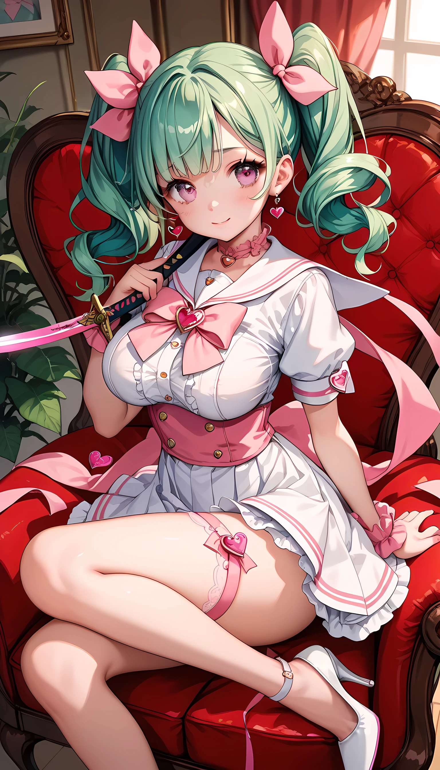 score_9, score_8_up , score_7_up ,source_anime,1cute girl, EMERALD hair,  pattern 、 twin tails on legs,  pink ribbon , cute smiles , ,  cute white sailor suit with pink lines, miniskirt, pink eyes, white high heels with a sword, and a heart symbol flutters, Valentine's Day Chocolate, sit on a chair,
