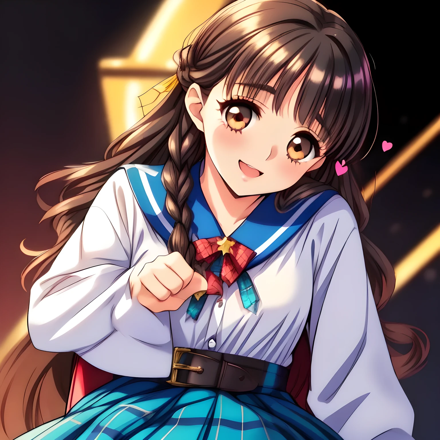 (highest quality, masterpiece:1.2), highest quality, High resolution, 1080p, 8K, (A yo beautiful pretty fashion model is seated on a char nobly and turning to me, most beloved girl in the school, (intelligent and perfectly balanced slender style), too flirting girly smile, amazingly neat & clean, in peace and neat lovely strong charm, (face up, looking down), tilted head: 1.8), (Too noble beautiful lady like a love-story comic heroine), (laugh in bliss), (Whispering the viewer's subliminal desire secretly to hypnotize the viewer), A very lovely, very noble, pretty and pure beautiful girls. ((Bursting out Laughing very elegantly)), ((white face)), Using expensive whitening cosmetics by cosmetics artist: 1.2), A white face that everyone loves, Glossy lips, (curled) bangs, (Too beautiful blue fascinating shiny (double-lidded) (brown eyes) with love to the viewer, ((deep upper girly eyelid)), laughing with detailed clearly: 1.5), ((amazingly beautiful straight (slightly wavy) long black light hair: 1.5)), (Sailor-style school uniform, Neat smart (yellow blouse)): 1.5), (A very neat, (tartan-checkered pleated blue skirt with thin fabric belt): 1.2), (too pretty shiny light-yellow realistic school ribbon): 1.5), (Shiny game heroine lips, extremely laughing open mouth: 1.0), (Ribbon in (black hair), long thin braids, The ribbon is big and very pretty), (Tight waist, slender like a beautiful fashion model: 1.5), (The background is (plain black space with lovely heart stars) to emphasize her fascination: 1.8), (The lady knows well about the viewer's super fetishism for school uniforms, and satisfies it completely: 1.7), (beautiful neat fascinating cute noble atmosphere : 1.8), (take a full body shot from her side: 1.0)