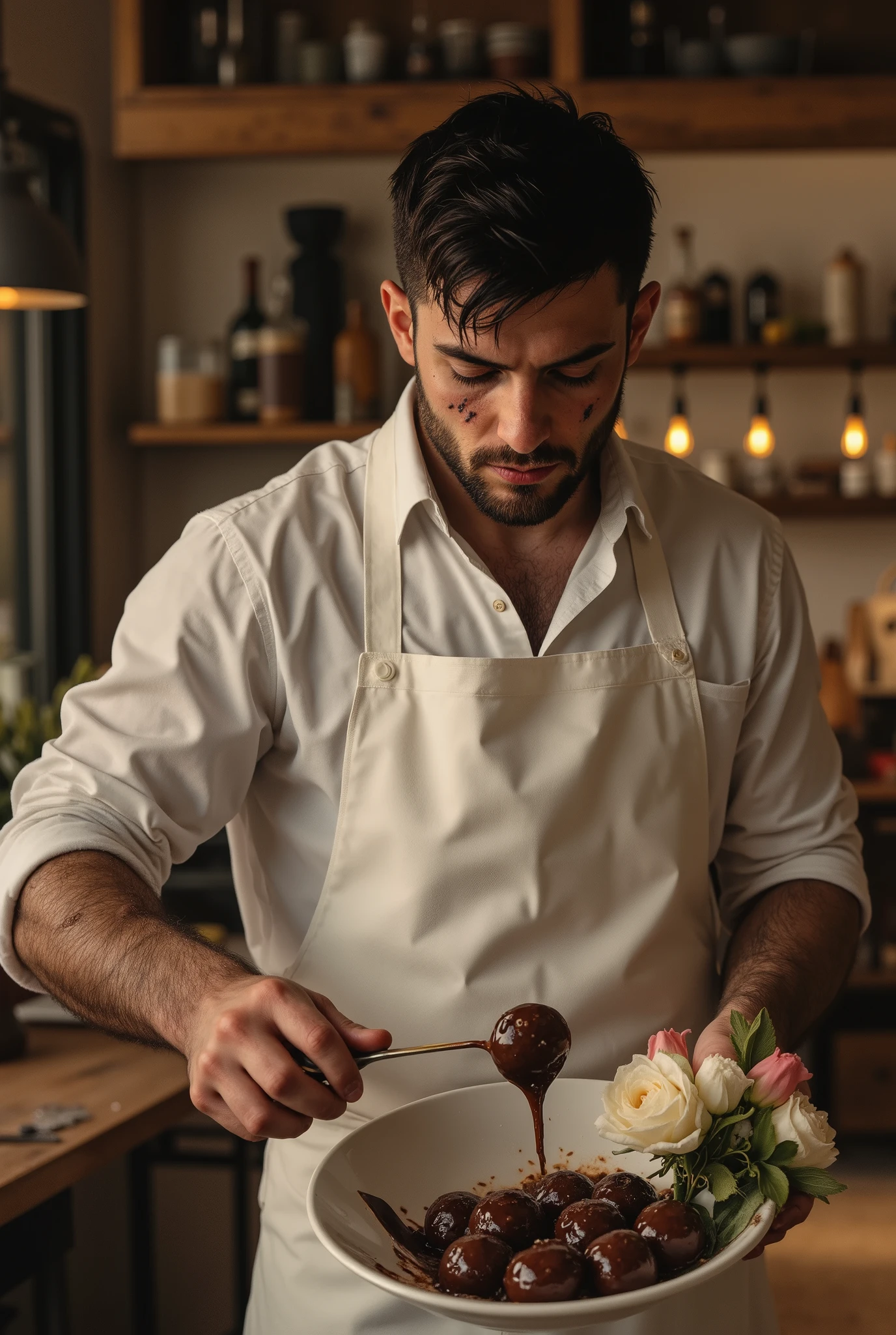Neo-baroque style, oil pastel blend, a young man (scar on cheek, melted chocolate on cheek, sharp eyes aiming for his prey, standing, holding cooking balls in one hand and a spatula in the other, mixing the cooking balls with the spatula, wearing a white apron over his dangerous mafia-like outfit), holding a floral gift with delicious melted chocolate in the cooking balls, side shot, modern kitchen background, dangerous aura, cooking scene, glamorous and luxurious setting, warm and rich color tones, intricate details, dramatic lighting, intense expression, smoky atmosphere, UHD, retina, masterpiece, accurate, anatomically correct, textured skin, super detailed, high detail, high quality, best quality, high resolution, 1080P, HD, 16k