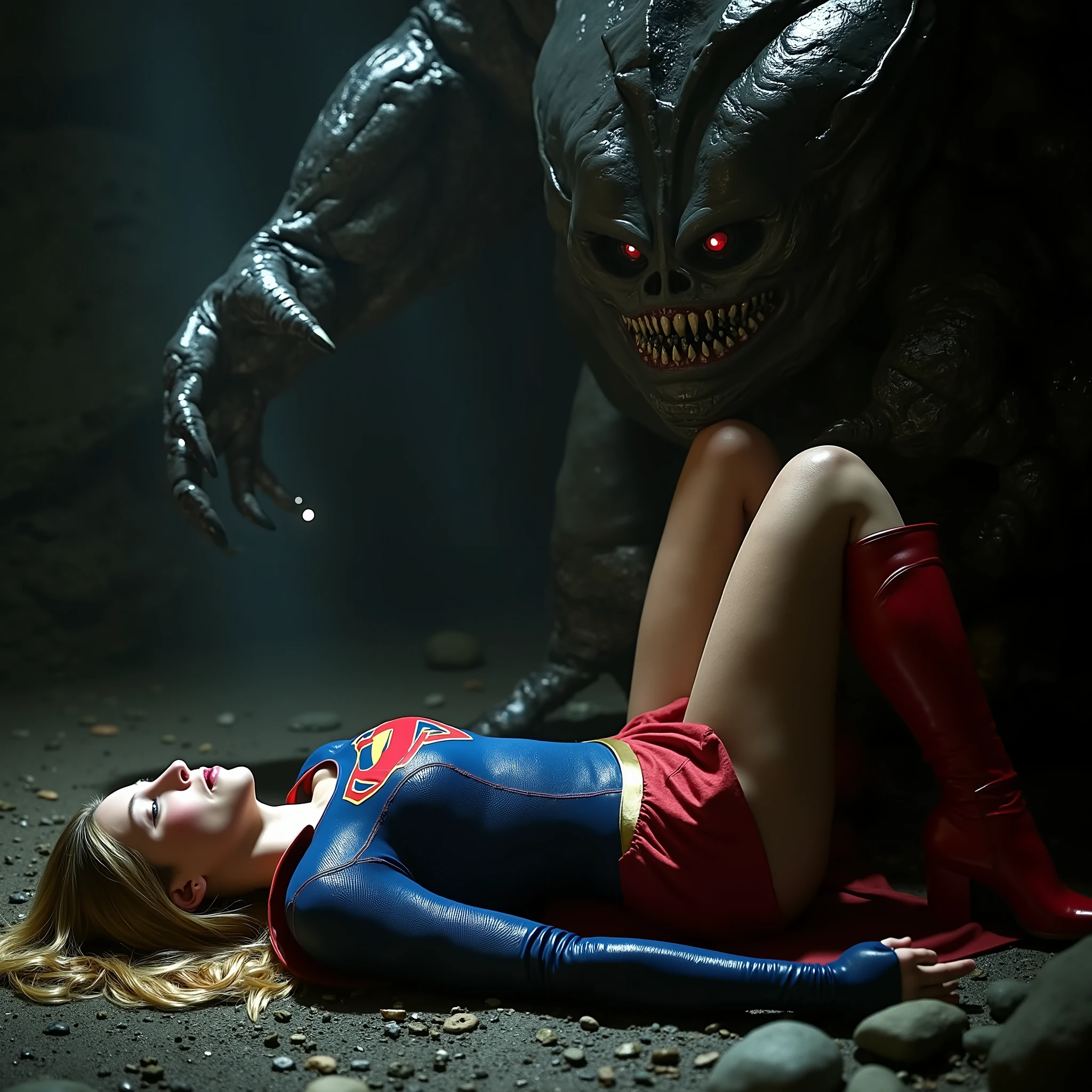 Supergirl is raped by a huge alien monster, very bright white skin, her legs are wide out, can see whole body, She is wearing a thin black pantyhose, short red skirt, red knee height long boots, blonde hair, She is unconscious, seriously injured, painful, a huge body fierce Alien Monster assault attach between Supergirl legs, its body is between her legs and push its penis in to her body, photorealistic, hyperrealism, night time, underground cave,