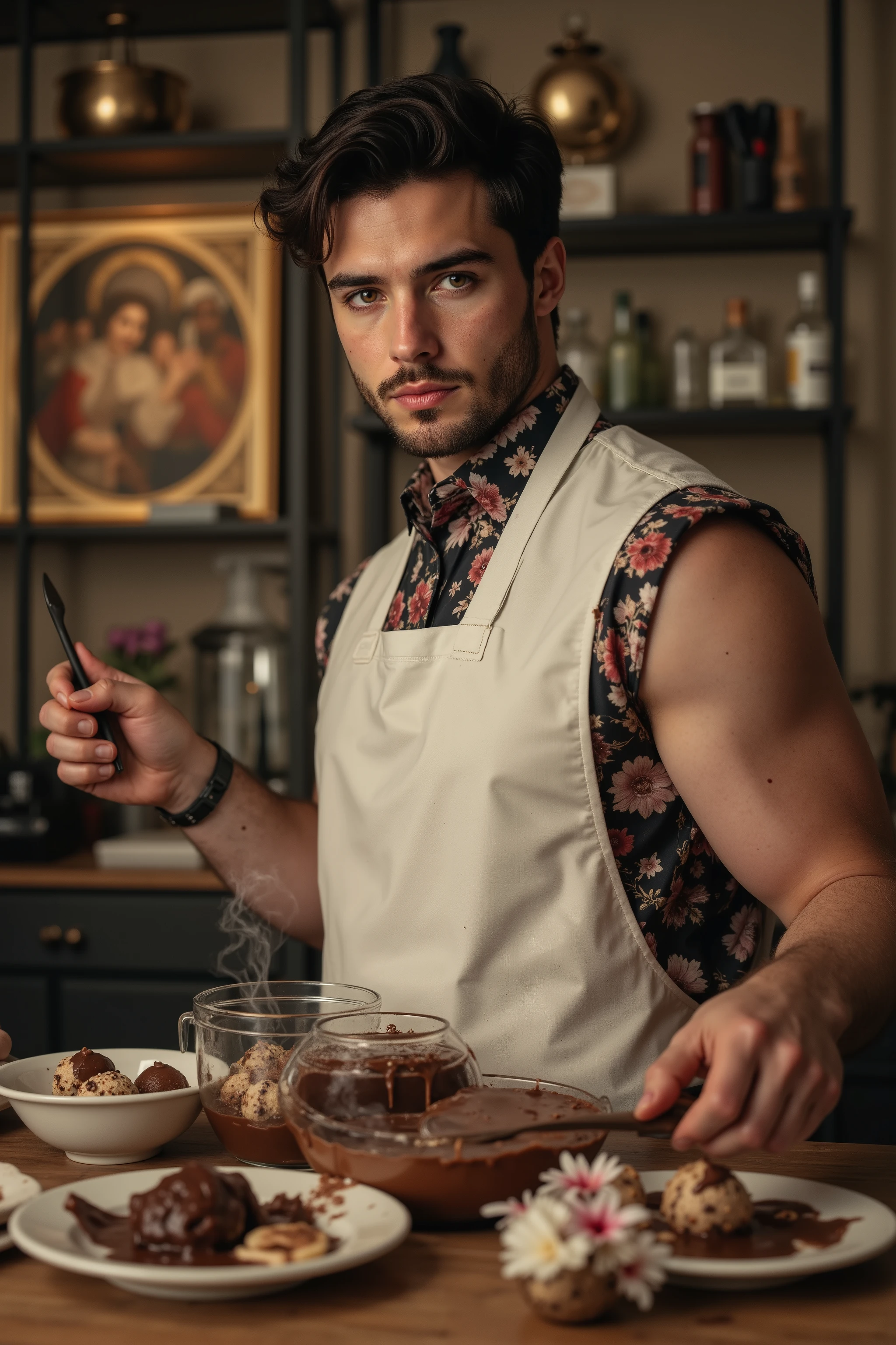 Neo-baroque style, oil pastel blend, a young man (scar on cheek, melted chocolate on cheek, sharp eyes aiming for his prey, standing, holding cooking glass balls in one hand and a spatula in the other, mixing the cooking balls with the spatula, wearing a white apron over his dangerous mafia-like outfit), holding a floral gift with delicious melted chocolate in the cooking balls, side shot, modern kitchen background, dangerous aura, cooking scene, glamorous and luxurious setting, warm and rich color tones, intricate details, dramatic lighting, intense expression, smoky atmosphere, UHD, retina, masterpiece, accurate, anatomically correct, textured skin, super detailed, high detail, high quality, best quality, high resolution, 1080P, HD, 16k